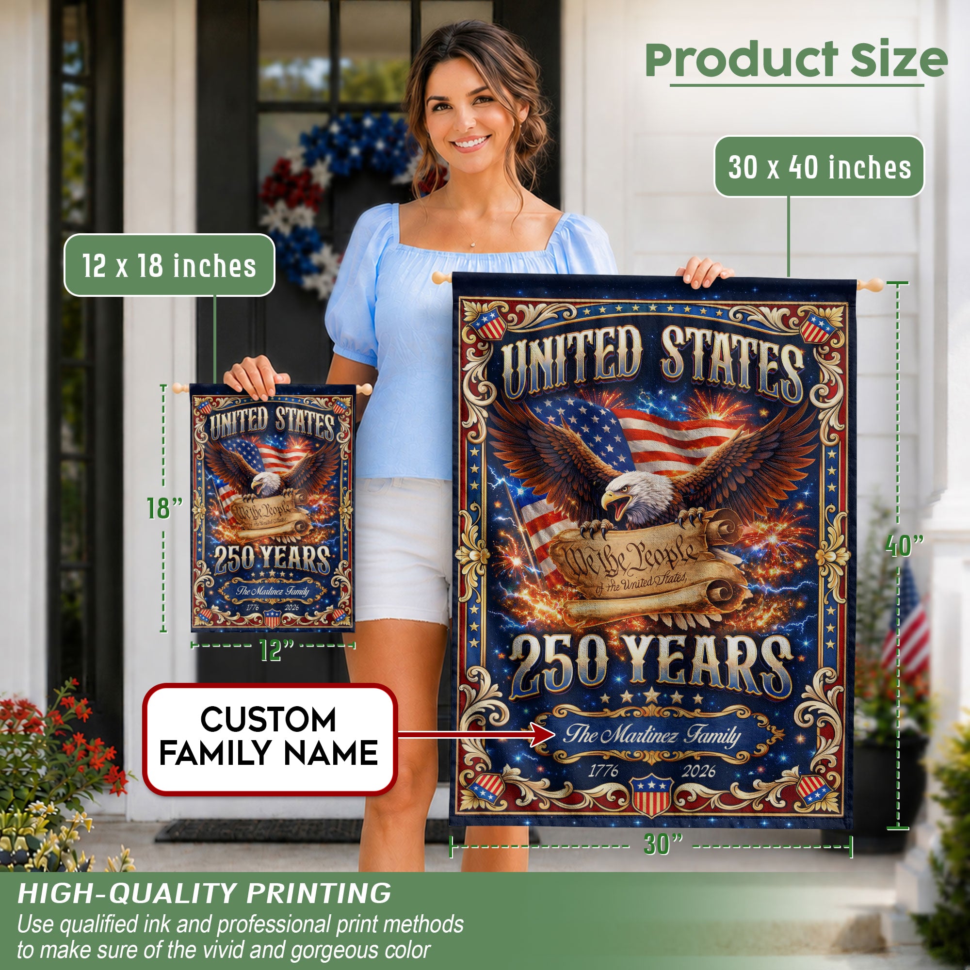 Custom Family Name 250th Anniversary Garden Flag – USA Eagle & 'We the People' 1776-2026