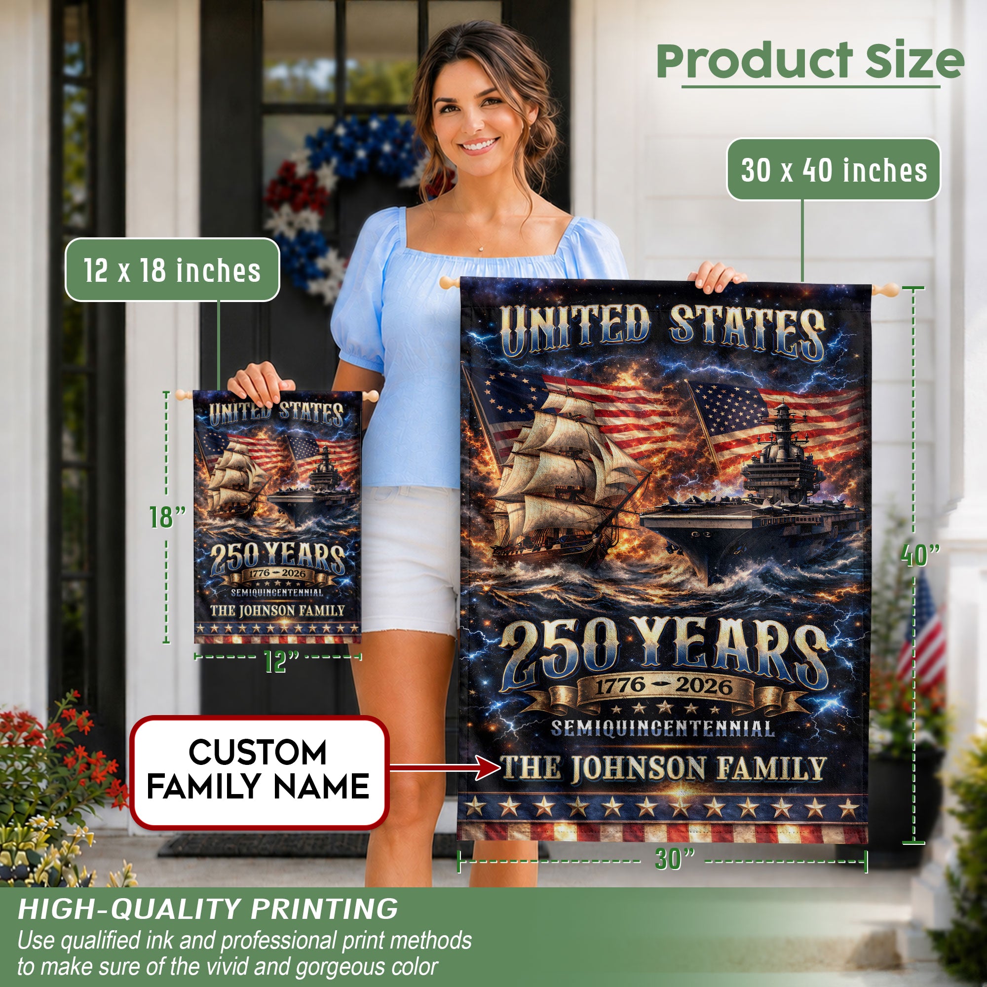 Custom Family Name 250th Anniversary Garden Flag – USA Ship & Navy 1776-2026