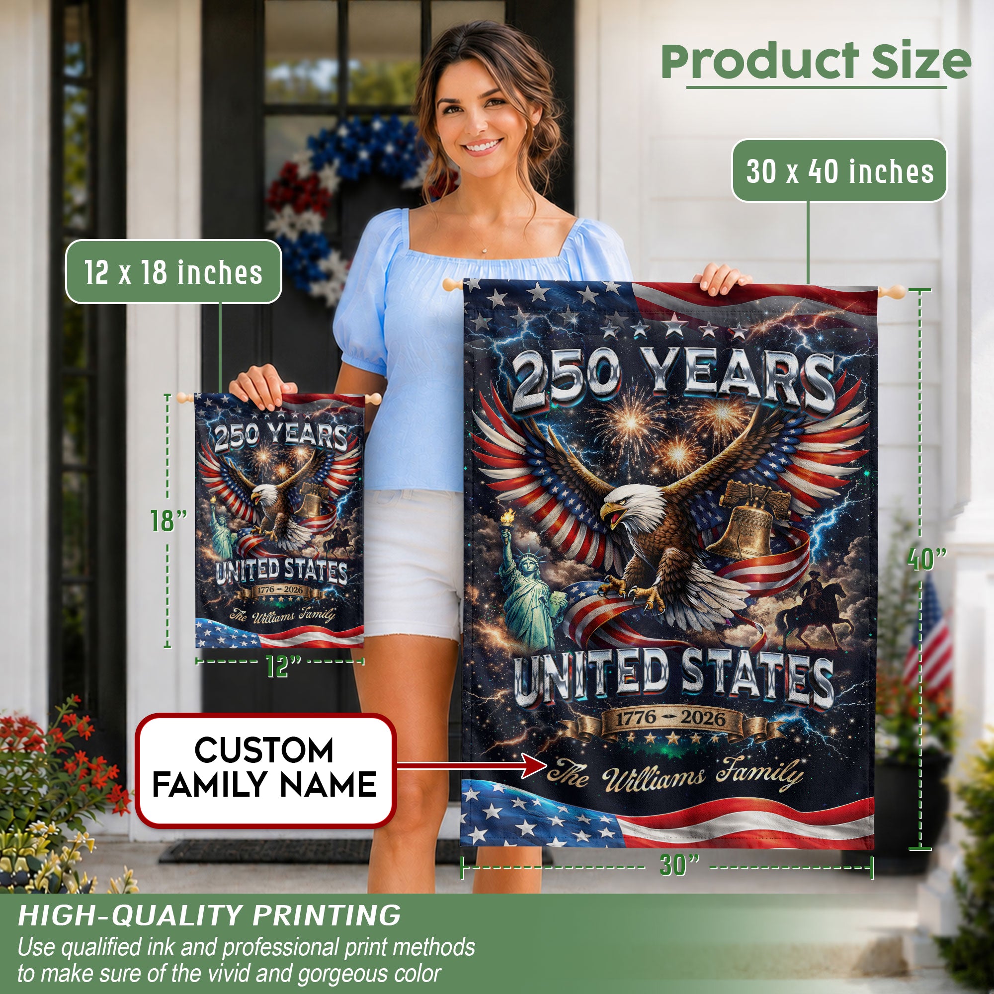 Personalized USA 250th Celebration Garden Flag – Patriotic Eagle, Statue & Fireworks Theme (1776–2026)