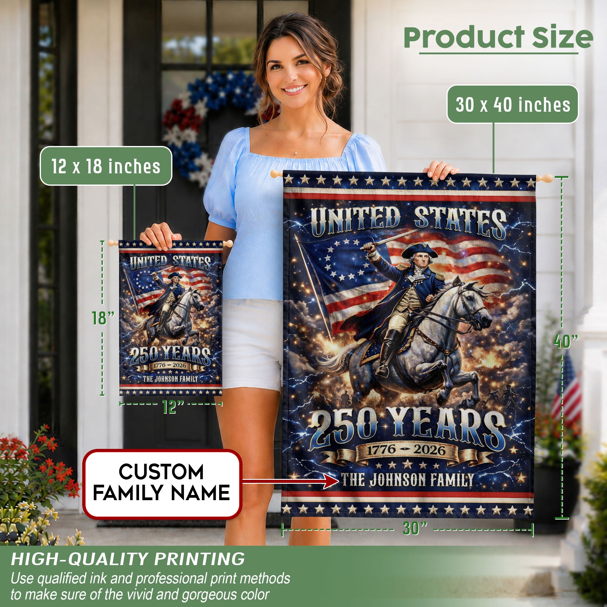 Custom Family Name 250th Anniversary Garden Flag – George Washington & USA Flag 1776-2026