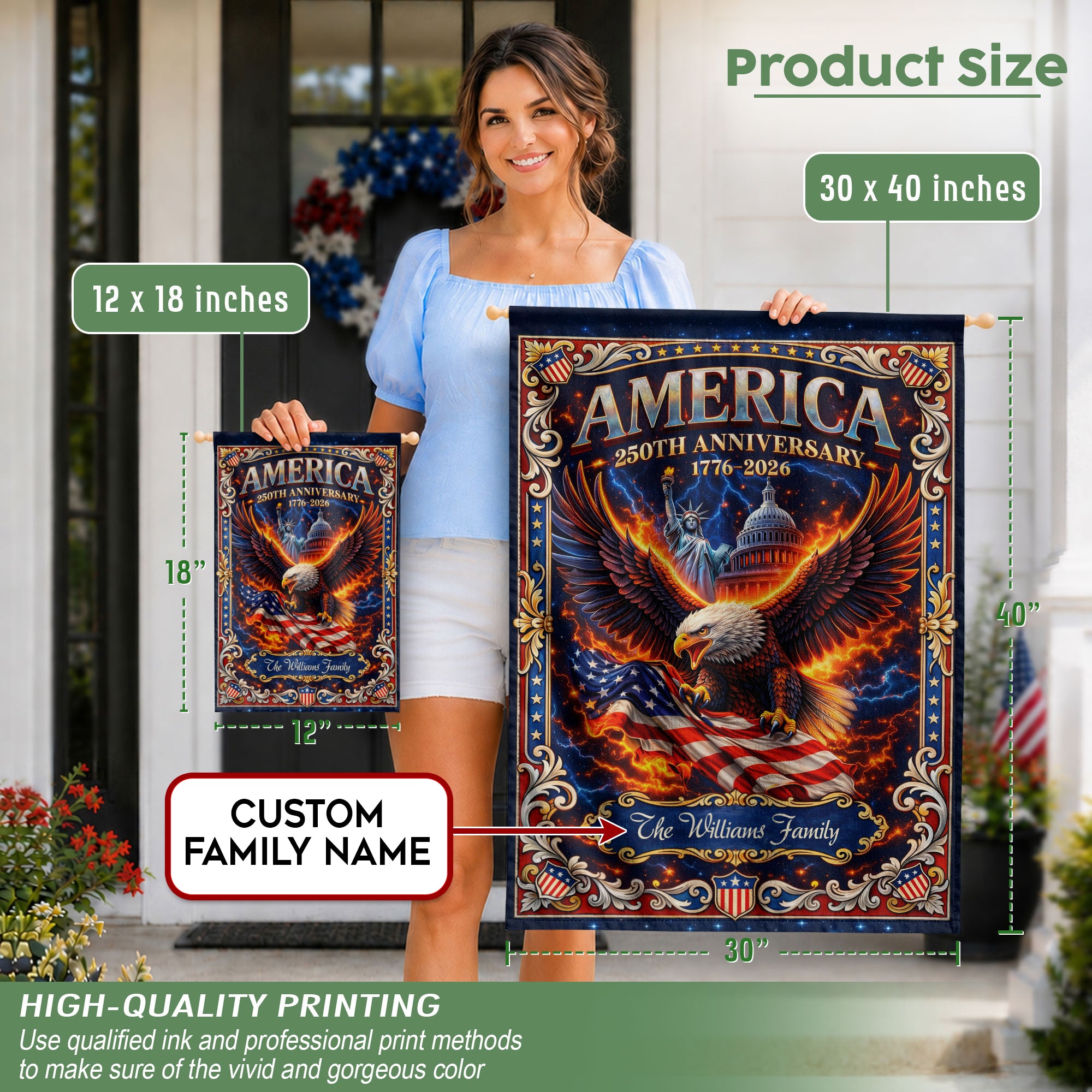 Personalized 250 Years USA Garden Flag – Family Name with Eagle, Statue of Liberty & Capitol (1776–2026)