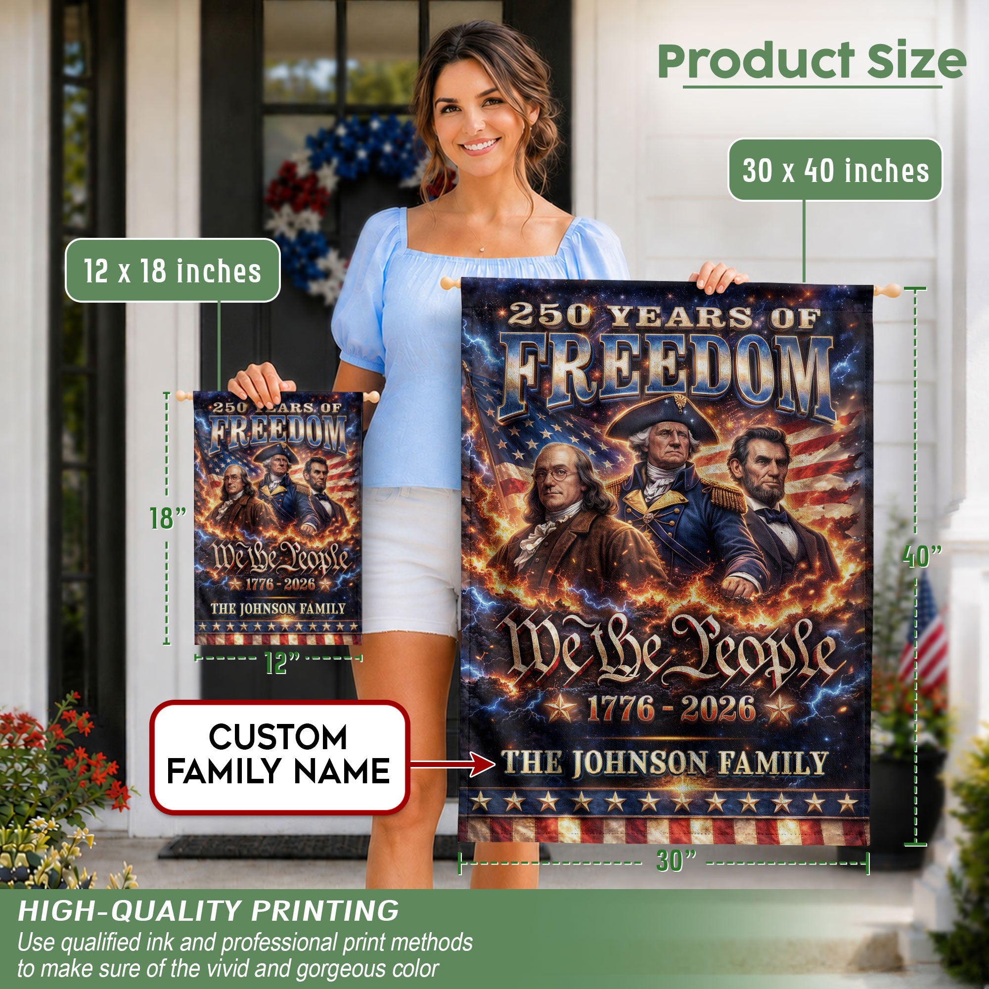 Custom Family Name 250th Anniversary Garden Flag – Founding Fathers & 'We the People' 1776-2026