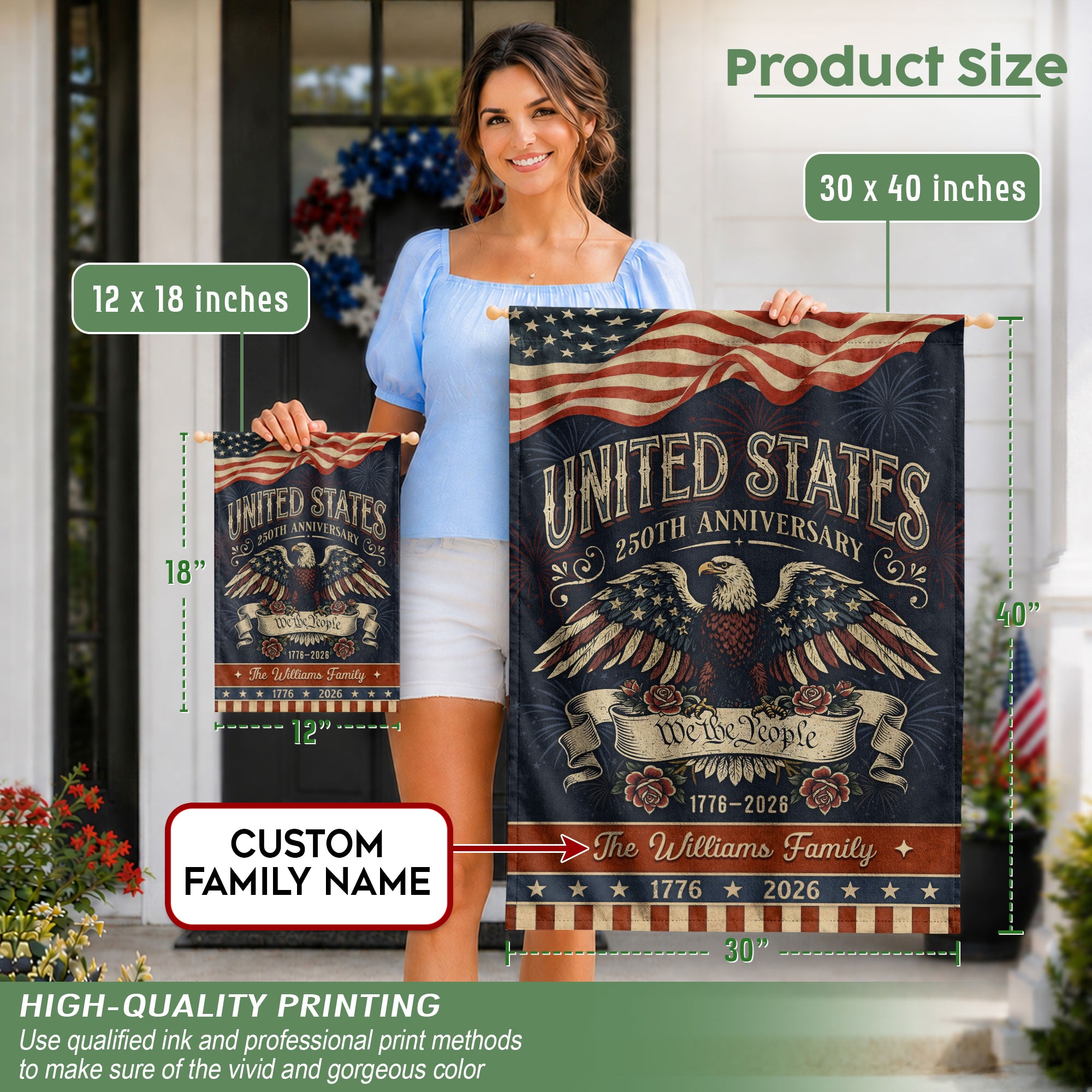 Personalized Patriotic Garden Banner – 250 Years of the USA Featuring Eagle & “We the People” (1776–2026)