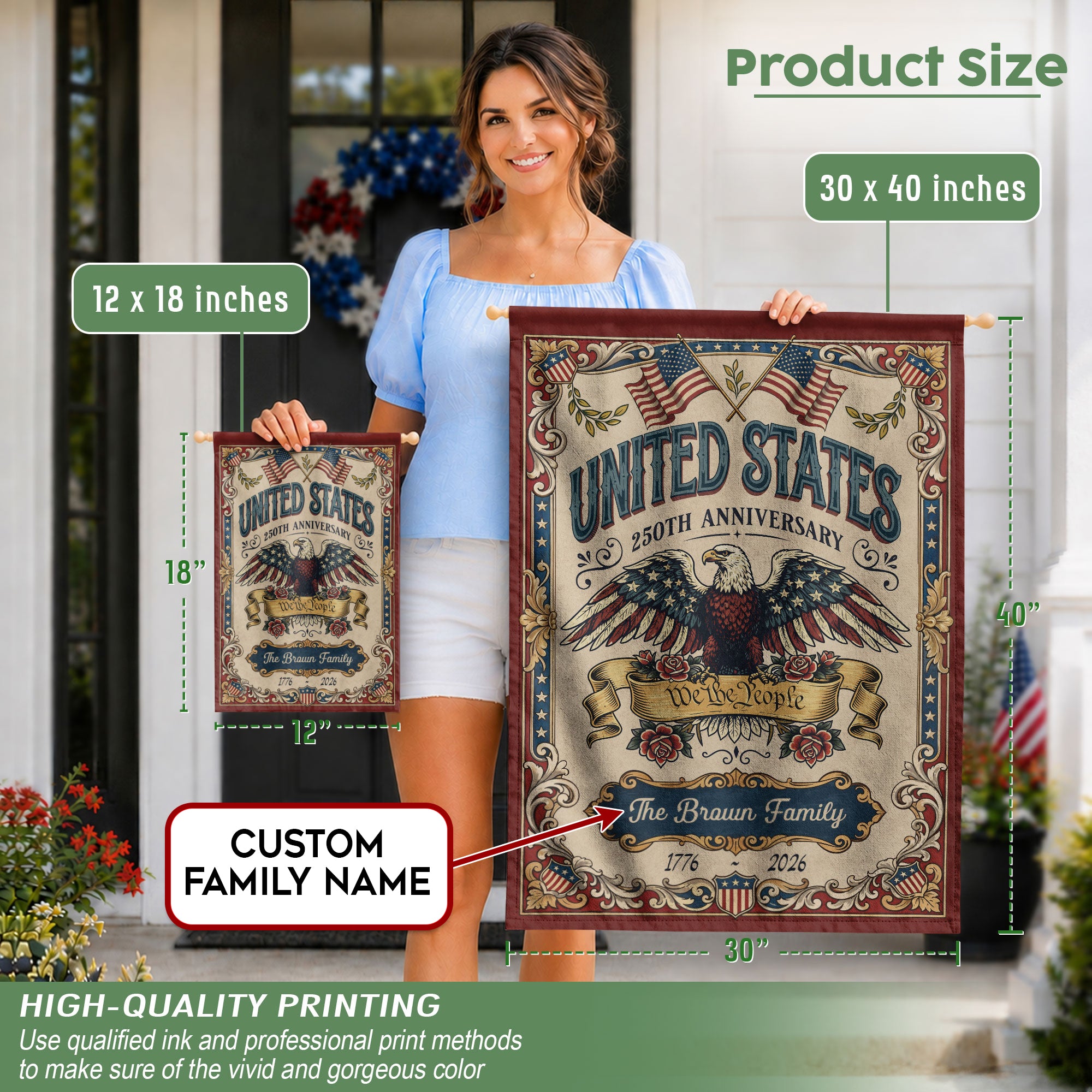 Personalized Independence 250 Garden Flag – American Eagle & “We the People” Design with Custom Name (1776–2026)