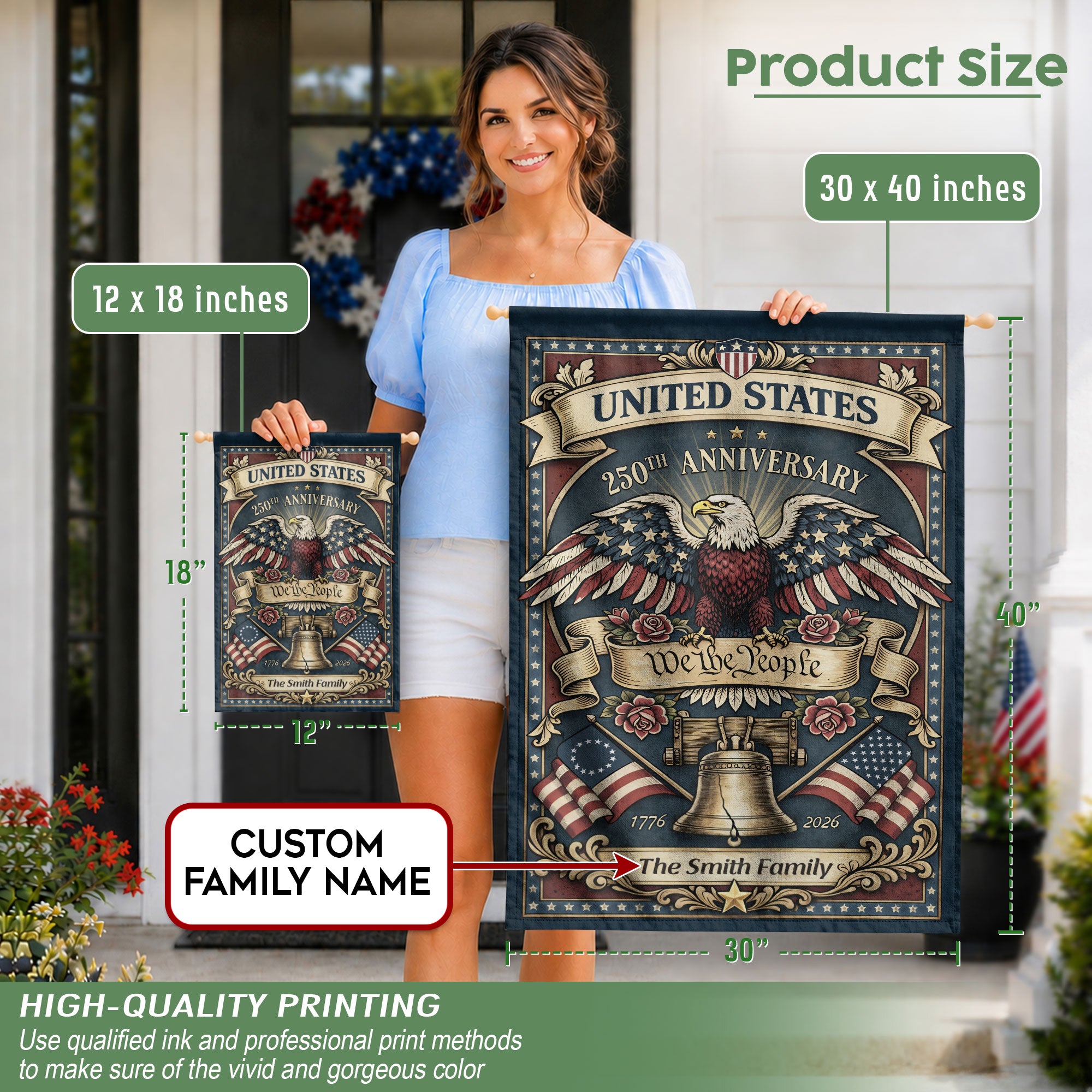 United States 250th Anniversary Garden Flag – Custom Family Name with Eagle, Liberty Bell & 'We the People' 1776-2026