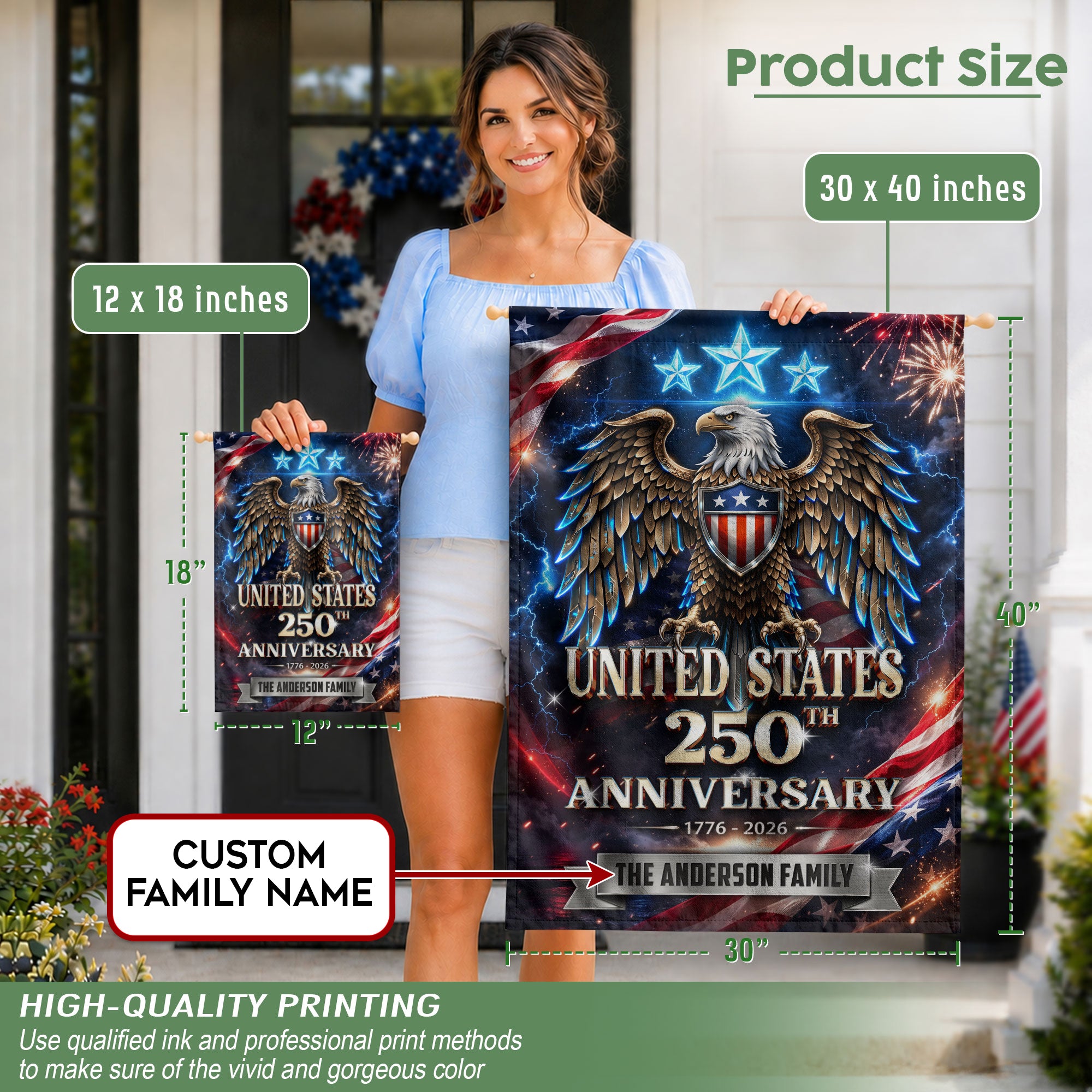 250th Anniversary USA Garden Flag – Custom Family Name with Eagle & Stars 1776-2026