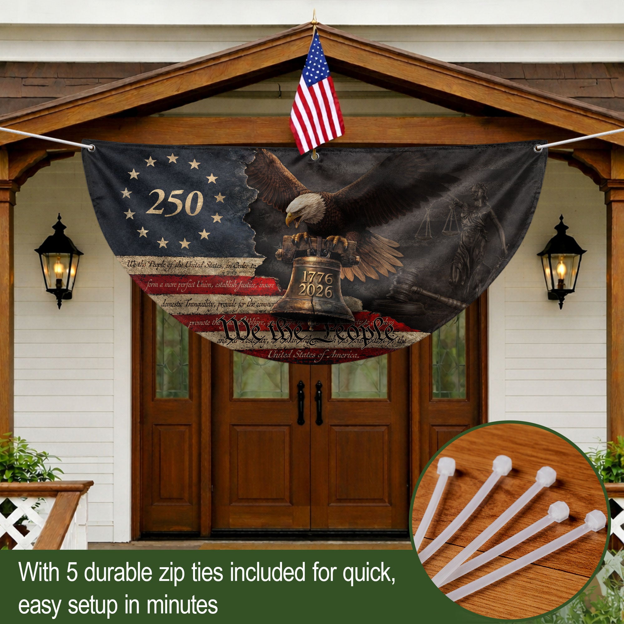 250 Years Liberty Bell Fence Flag Patriotic Bald Eagle - We The People Outdoor Banner