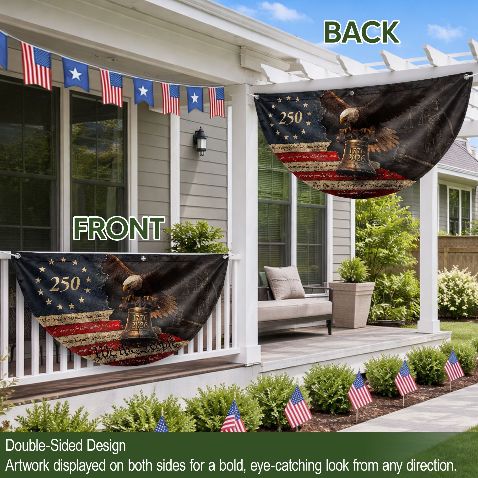250 Years Liberty Bell Fence Flag Patriotic Bald Eagle - We The People Outdoor Banner