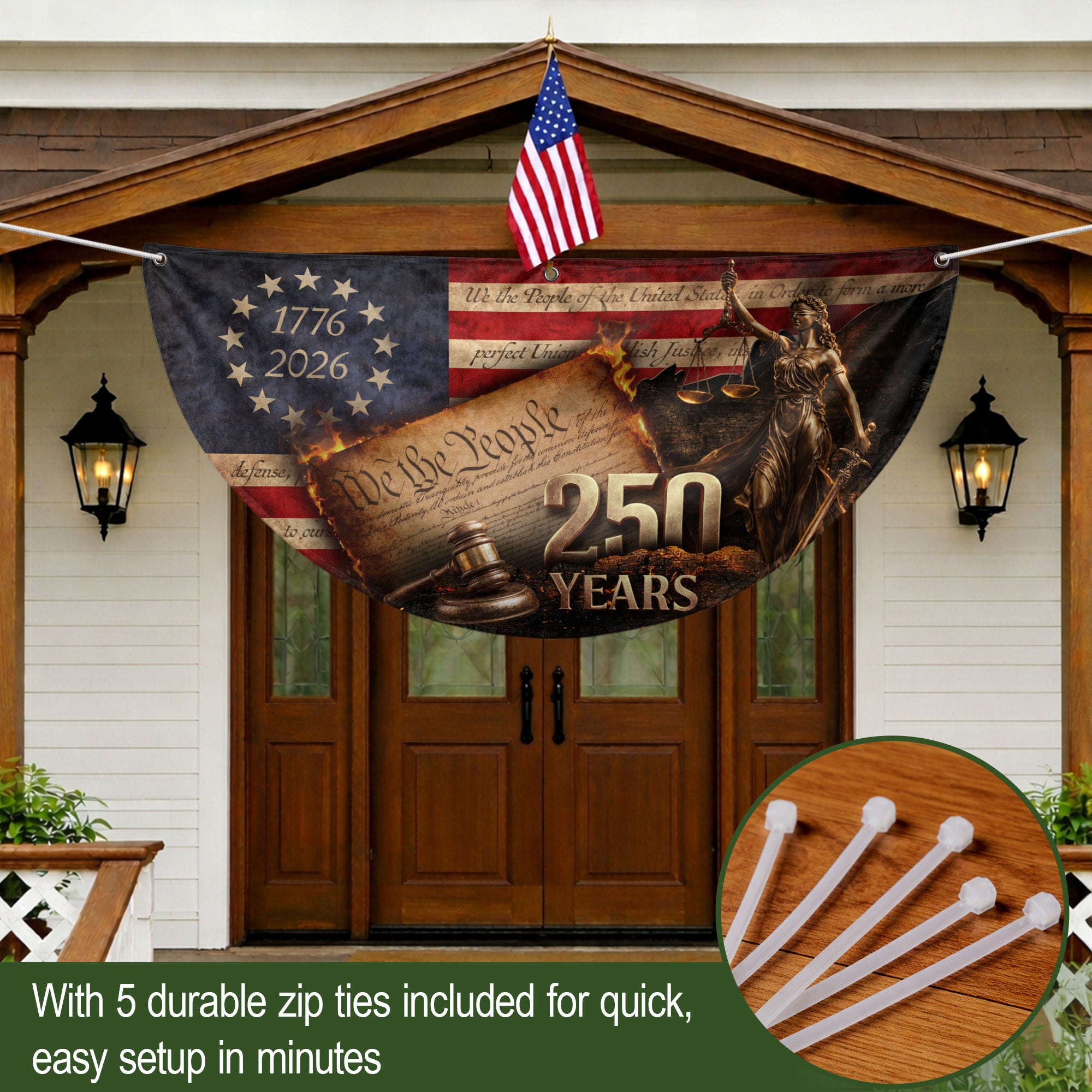 250 Years Lady Justice Fence Flag Patriotic 1776-2026 - We The People Outdoor Banner