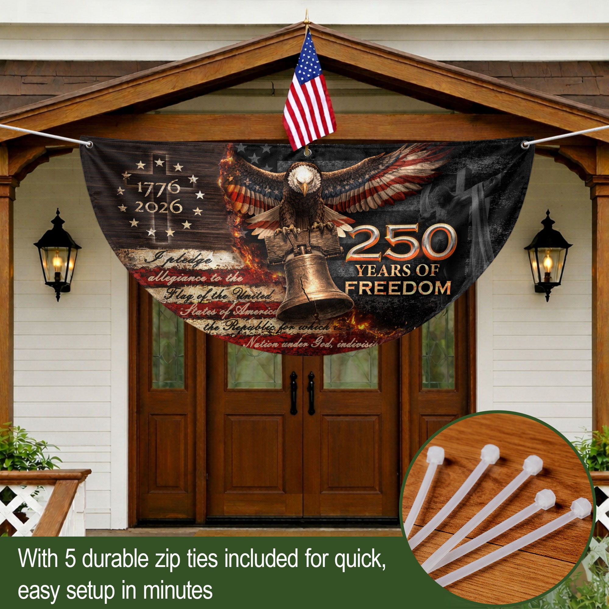 250 Years of Freedom Fence Flag 1776-2026 – Christian Patriotic Cross & Liberty Bell USA Double Sided Banner