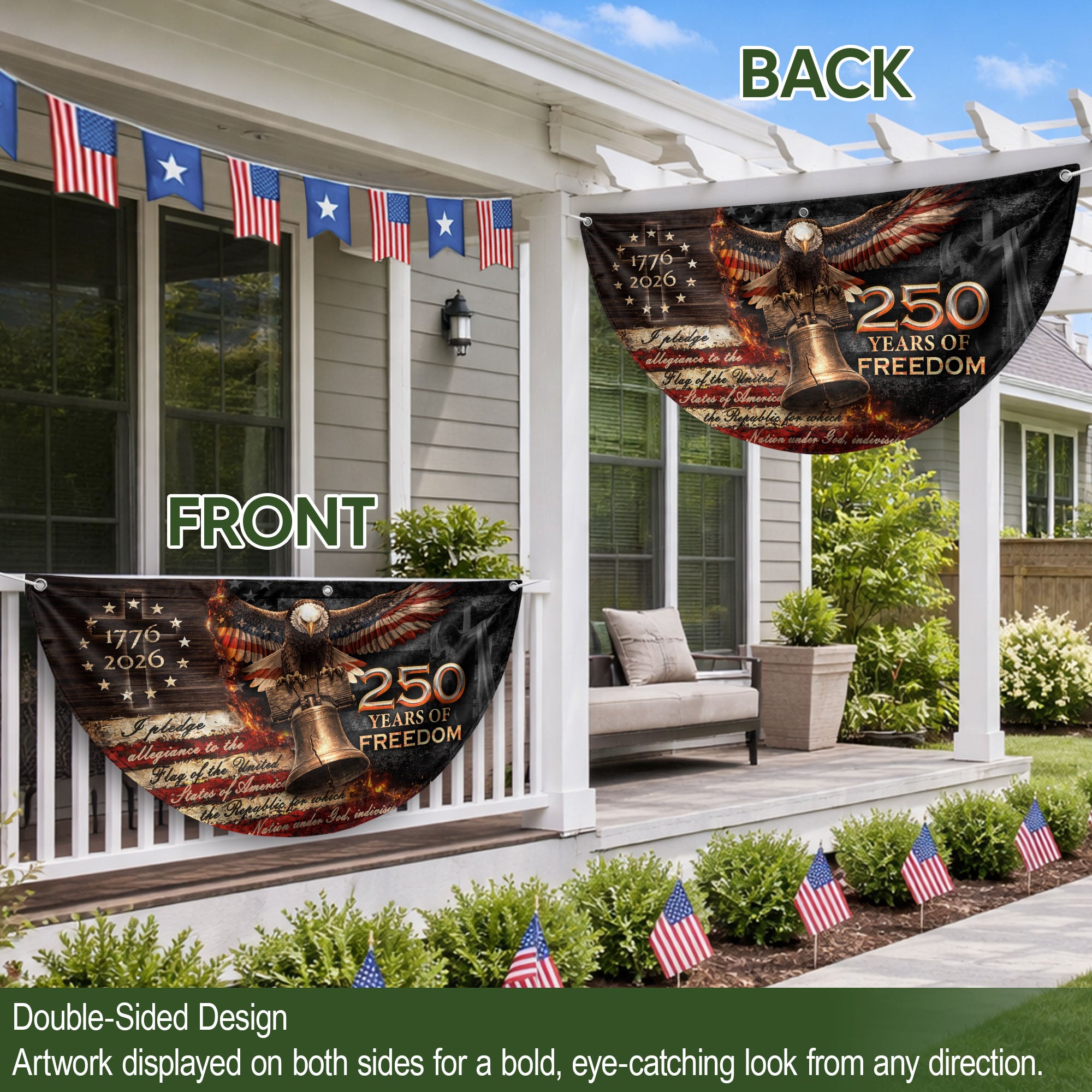 250 Years of Freedom Fence Flag 1776-2026 – Christian Patriotic Cross & Liberty Bell USA Double Sided Banner