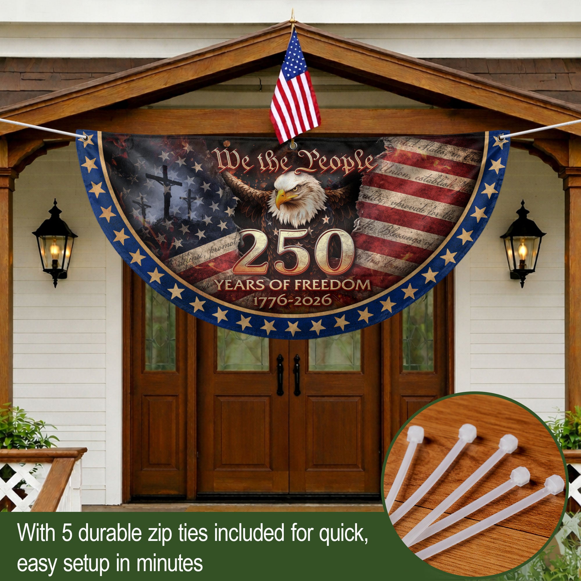 USA 250th Anniversary Fence Flag 1776-2026 – American Flag with Cross We The People Christian Patriotic Banner