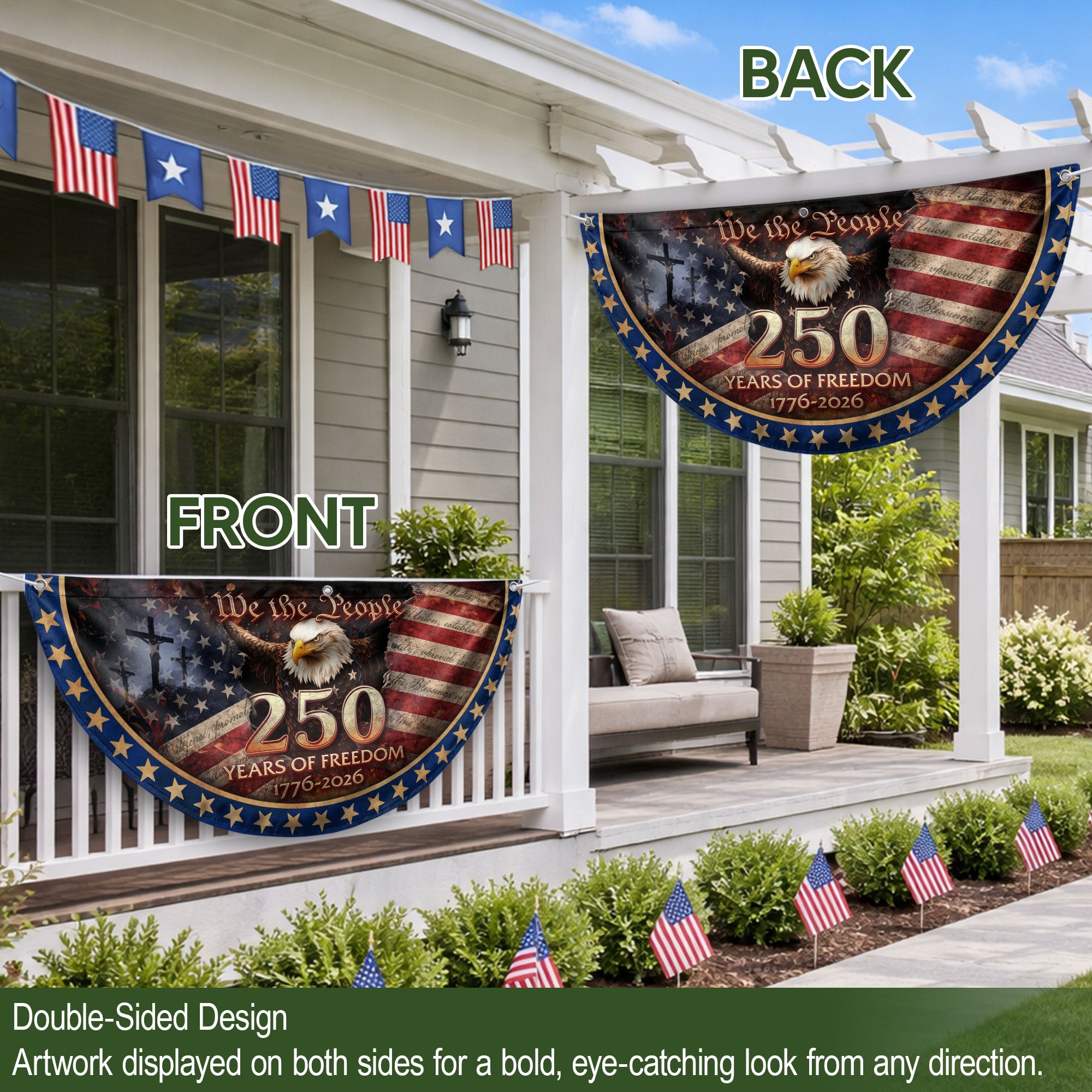 USA 250th Anniversary Fence Flag 1776-2026 – American Flag with Cross We The People Christian Patriotic Banner