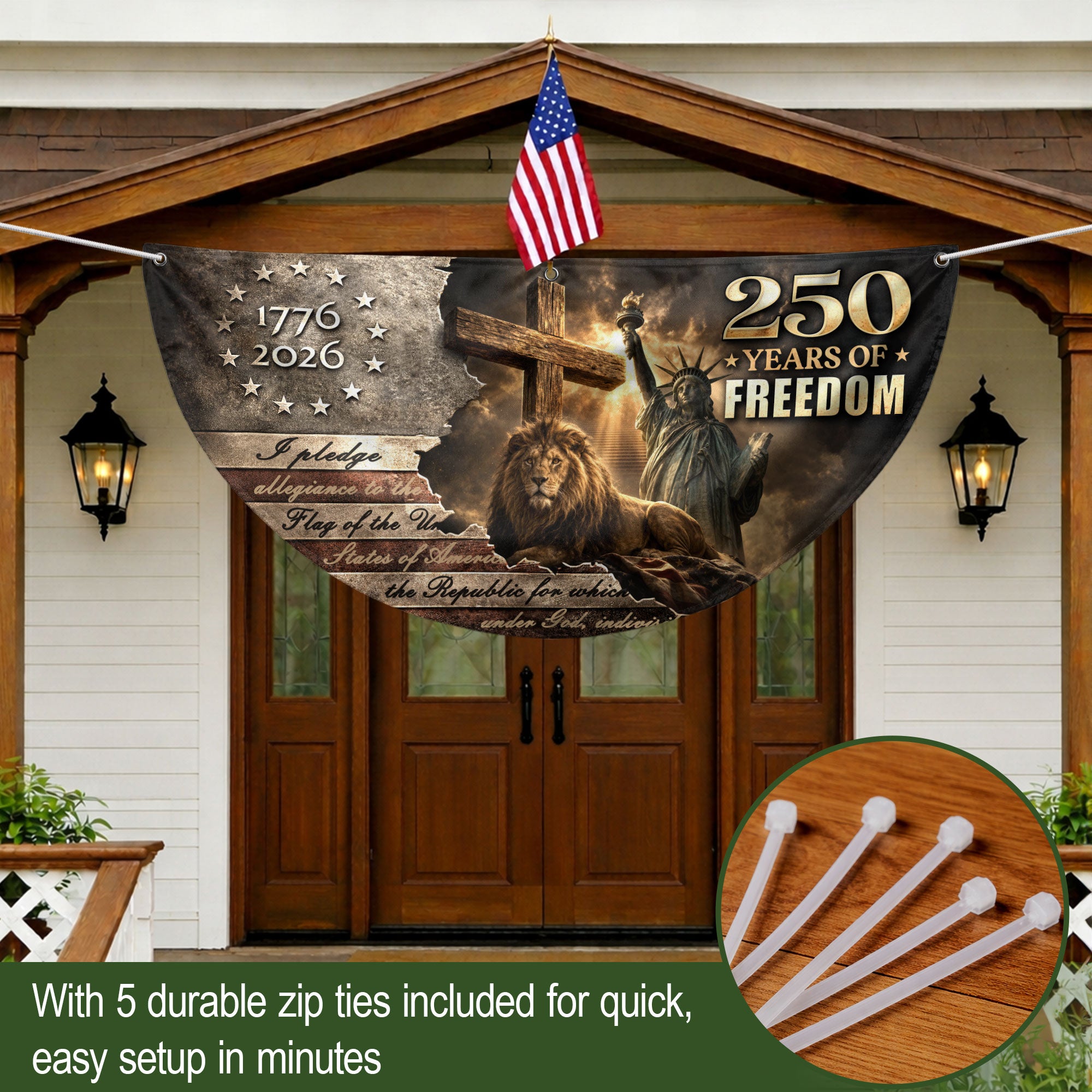 God Bless America 250 Years Fence Flag 1776-2026 – Lion & Cross Christian Patriotic USA Double Sided Banner