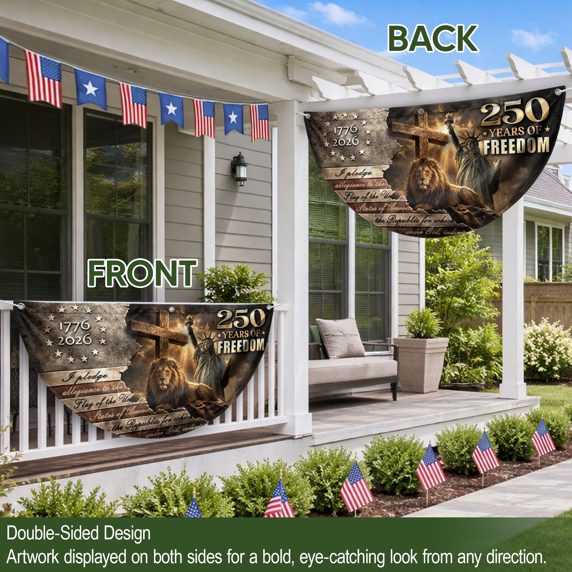 God Bless America 250 Years Fence Flag 1776-2026 – Lion & Cross Christian Patriotic USA Double Sided Banner