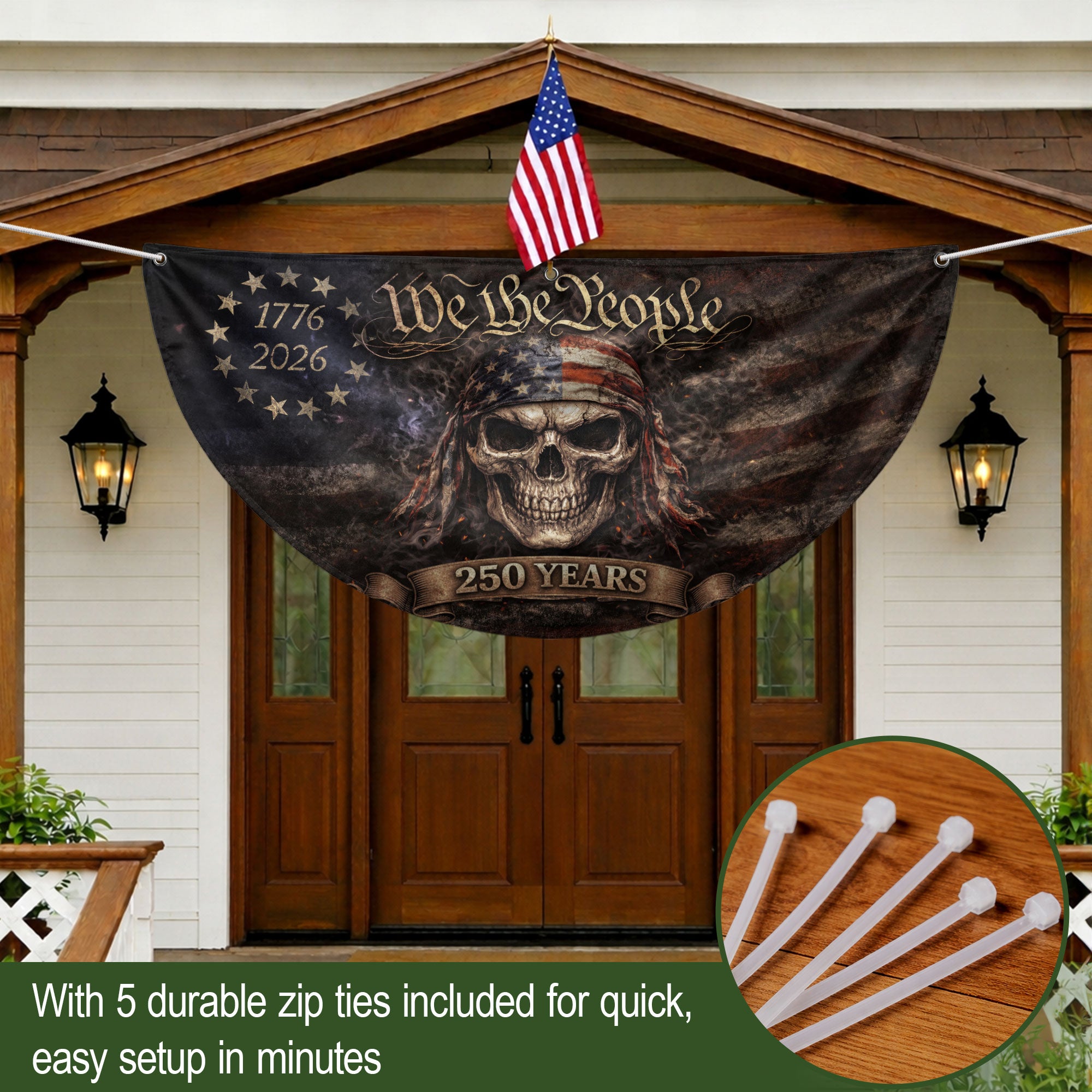 We The People Skull Fence Flag 250 Years 1776-2026 Patriotic Double Sided Banner