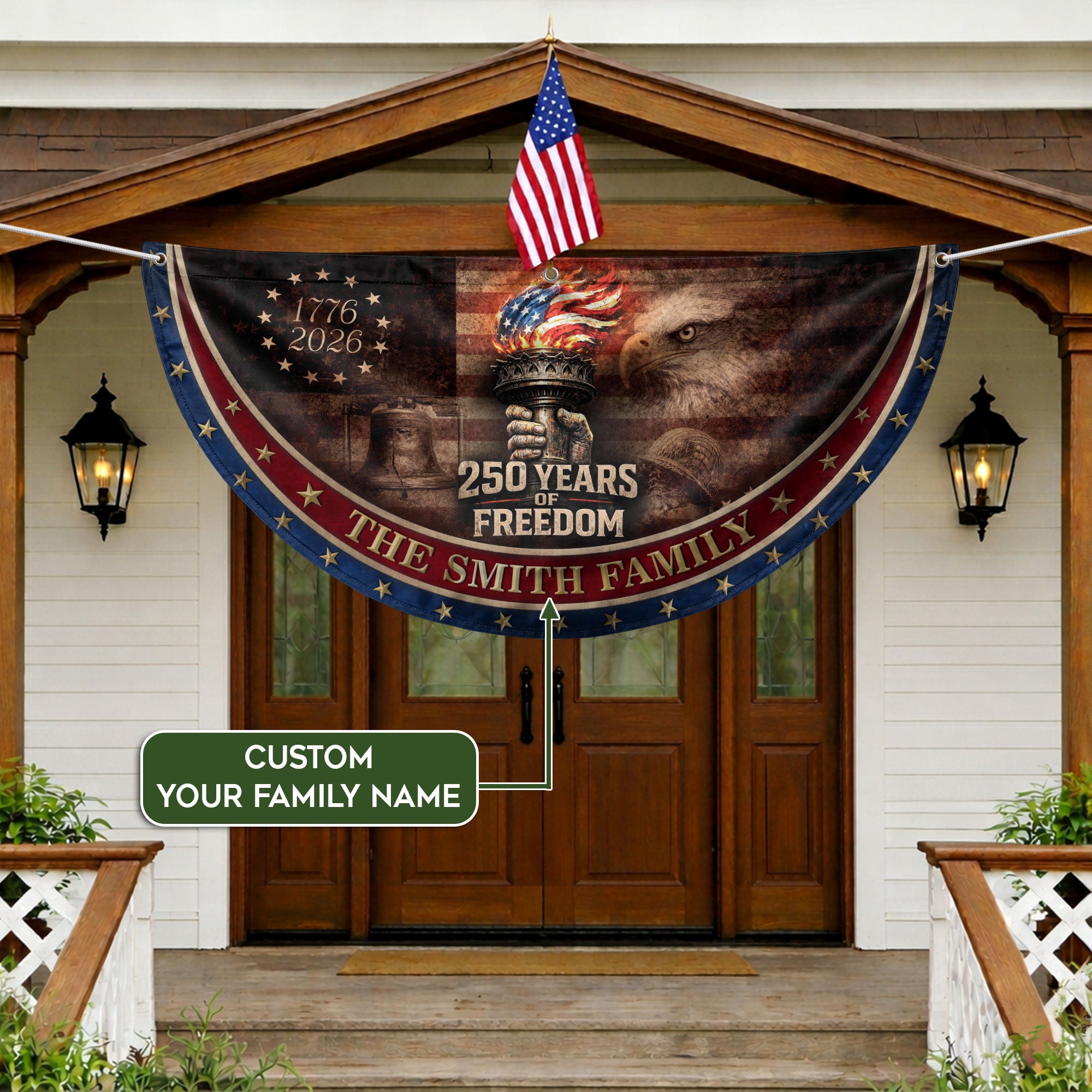 250 Anniversary USA Flag Fence Flag Custom Family Name, American Flag 250 Year Anniversary Banner with Eagle Design