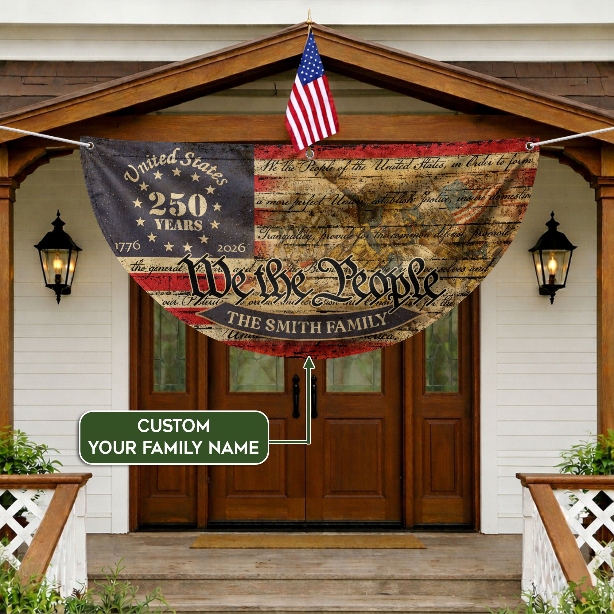 American Flag 250 Year Anniversary Fence Flag Custom Family Name, 250 Anniversary USA Banner, We The People Flag Design