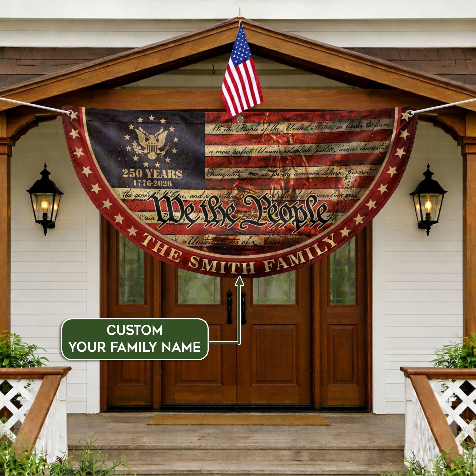 250 Anniversary USA Flag Fence Flag Custom Family Name, American Flag 250 Year Anniversary, We The People Fence Banner