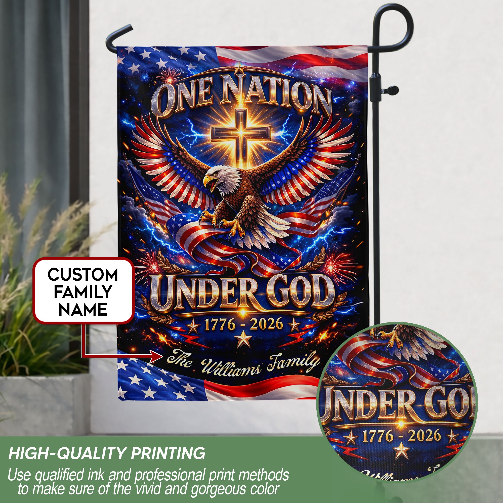 Personalized Faith & Freedom Garden Flag – 250-Year USA Tribute with Eagle and Cross Motif (1776–2026)