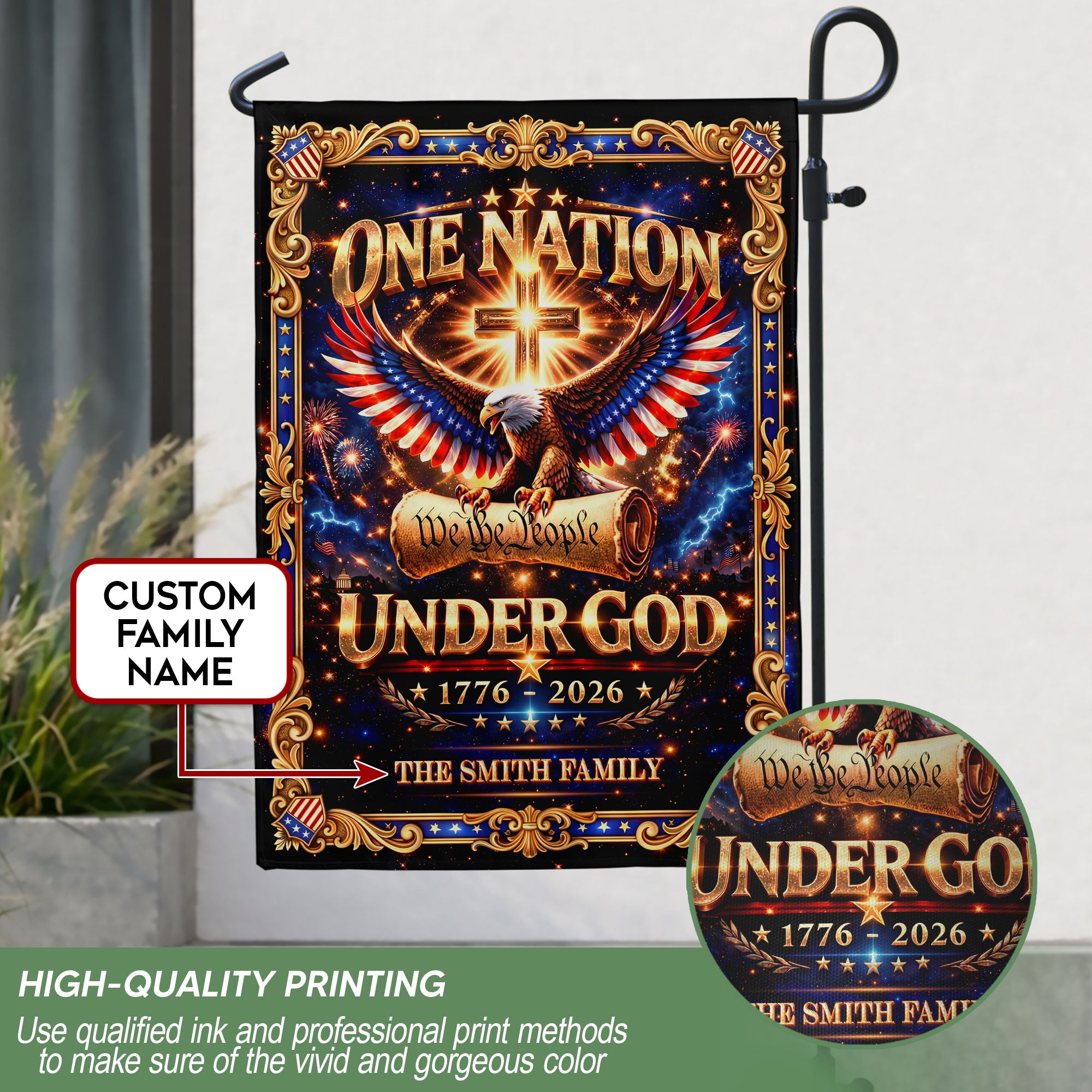 One Nation Under God 250th Anniversary Garden Flag – Custom Family Name with Eagle, Cross & 'We the People' 1776-2026