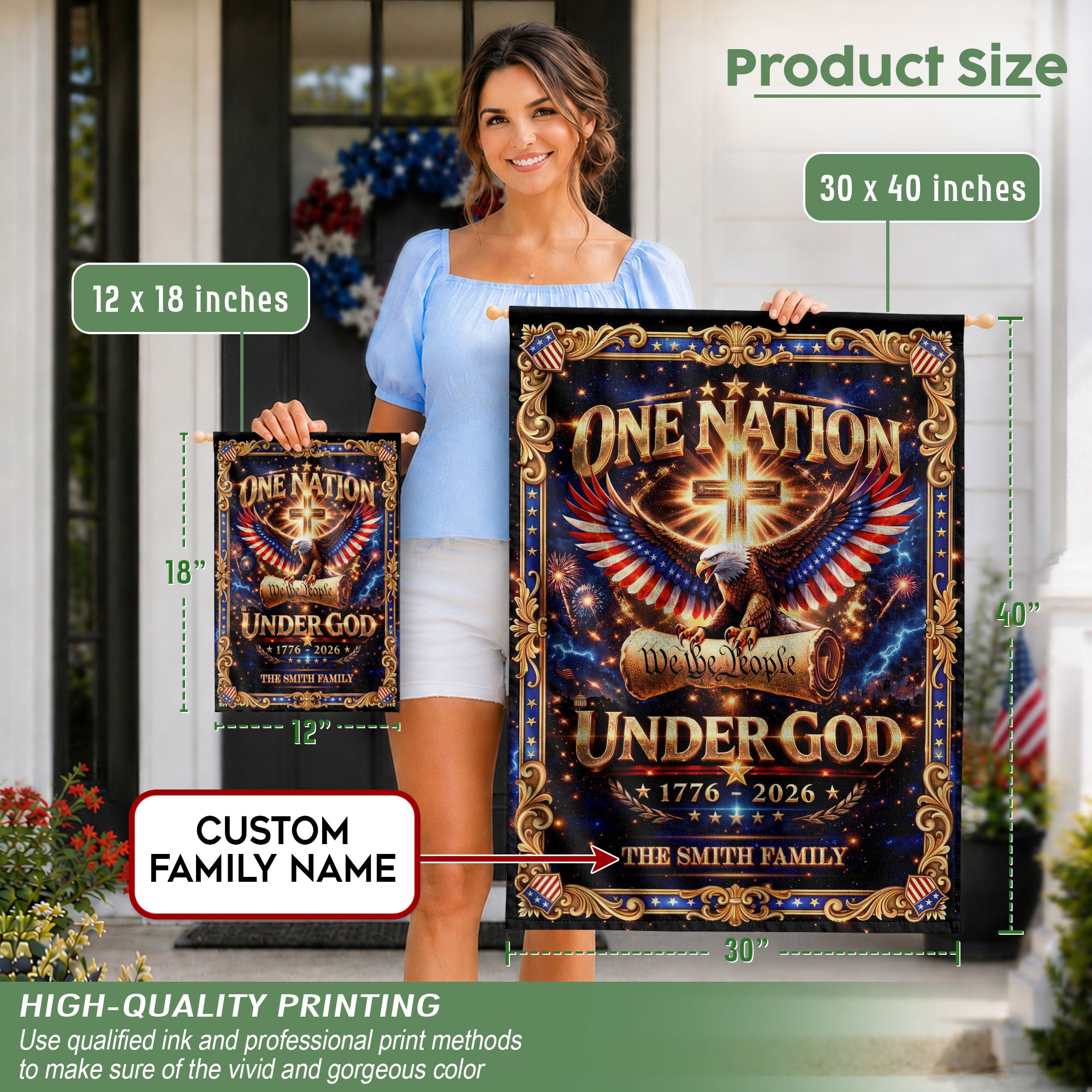 One Nation Under God 250th Anniversary Garden Flag – Custom Family Name with Eagle, Cross & 'We the People' 1776-2026