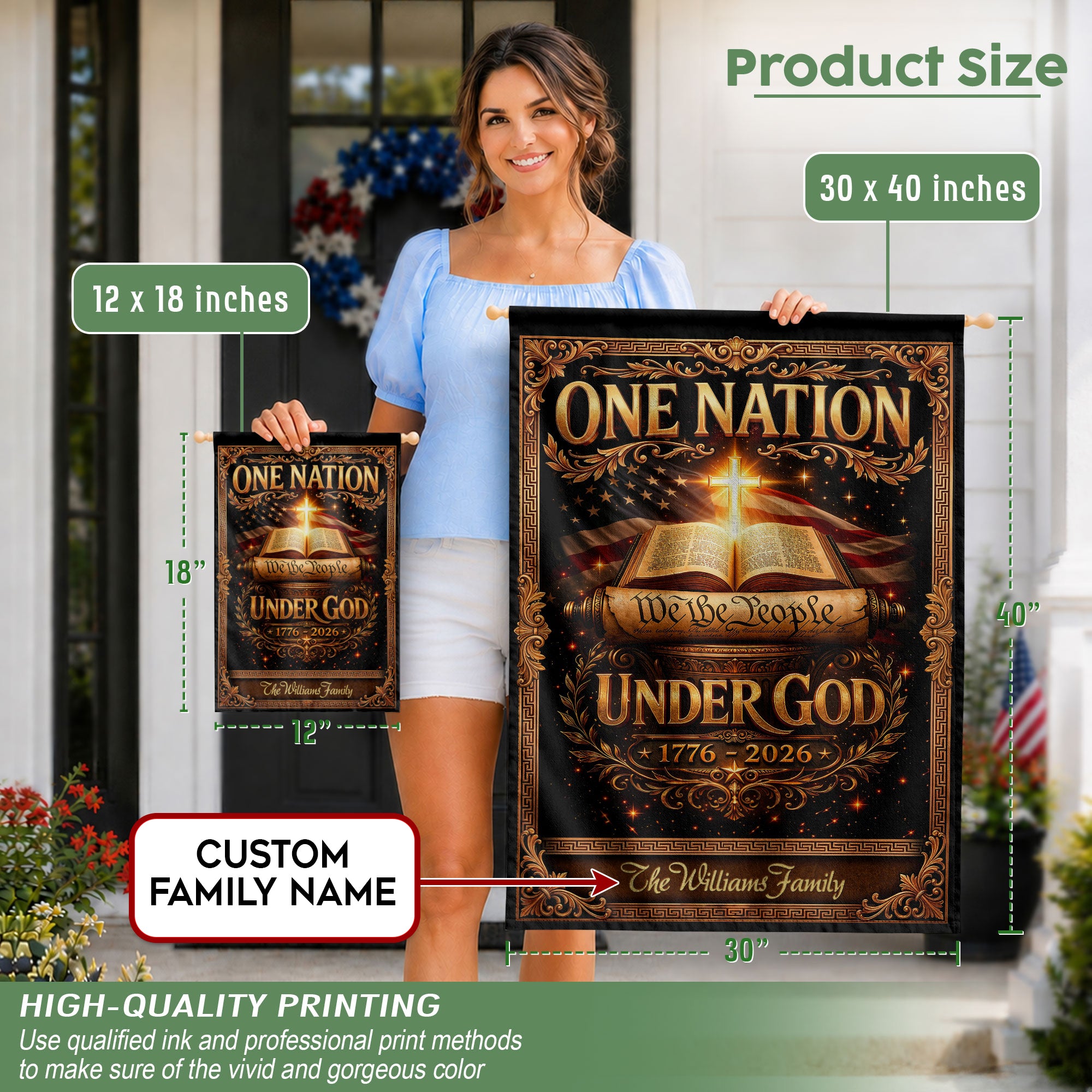 One Nation Under God 250th Anniversary Garden Flag – Custom Family Name with Bible, Cross & 'We the People' 1776-2026