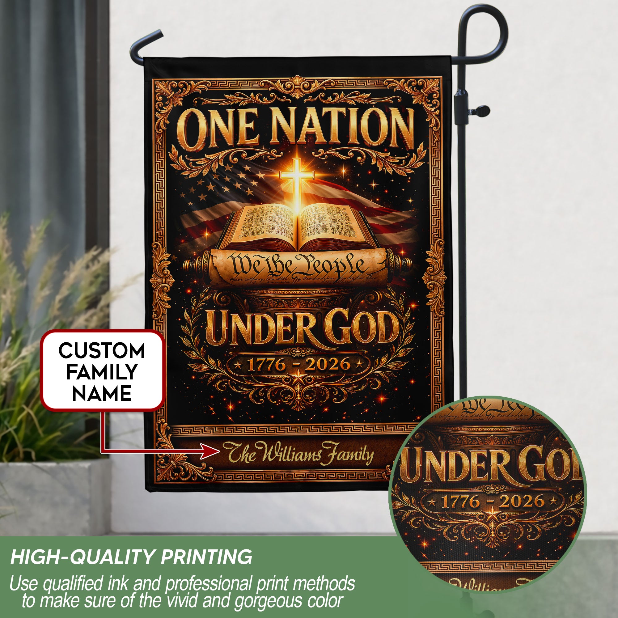 One Nation Under God 250th Anniversary Garden Flag – Custom Family Name with Bible, Cross & 'We the People' 1776-2026