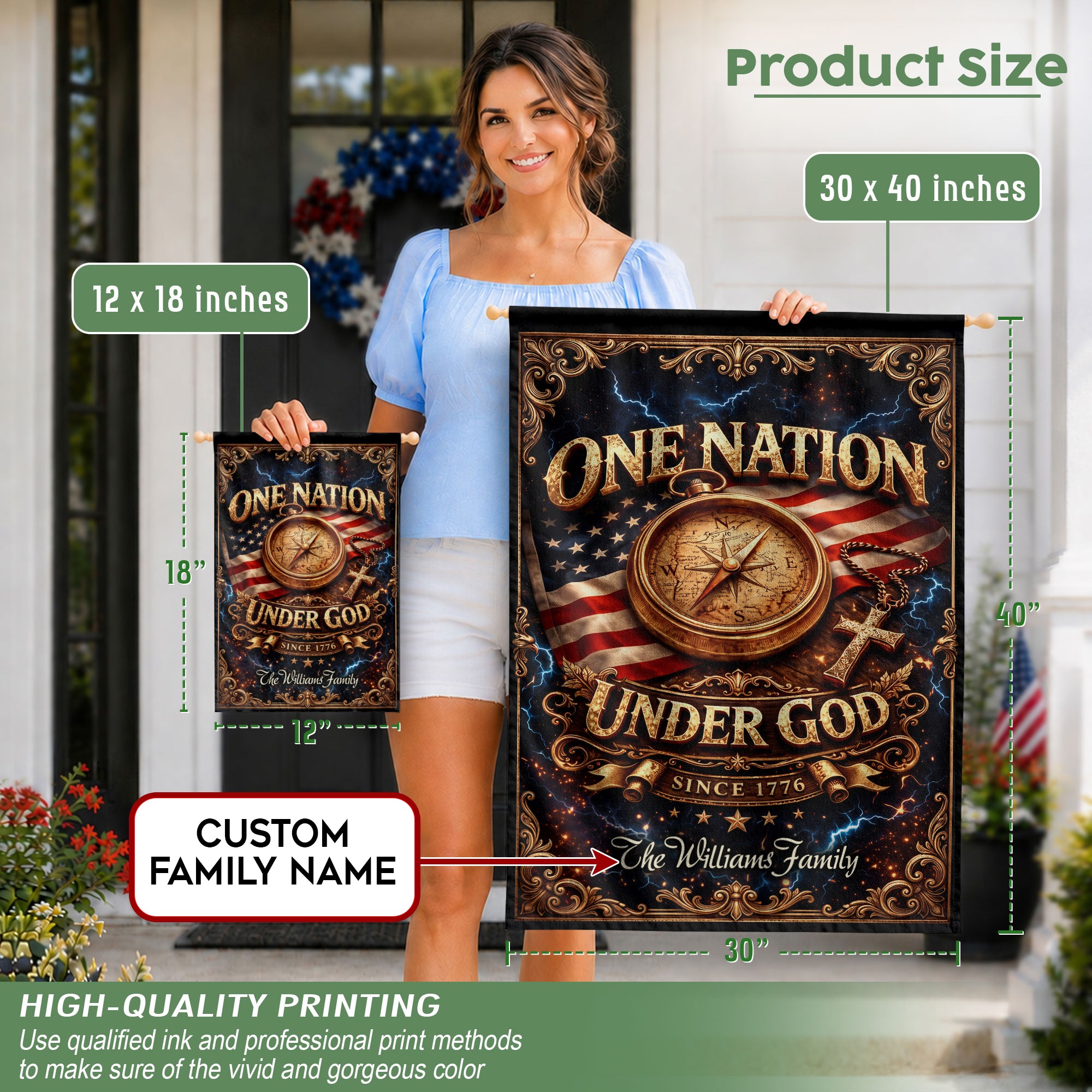 One Nation Under God 250th Anniversary Garden Flag – Custom Family Name with Compass, Cross & USA Flag 1776-2026