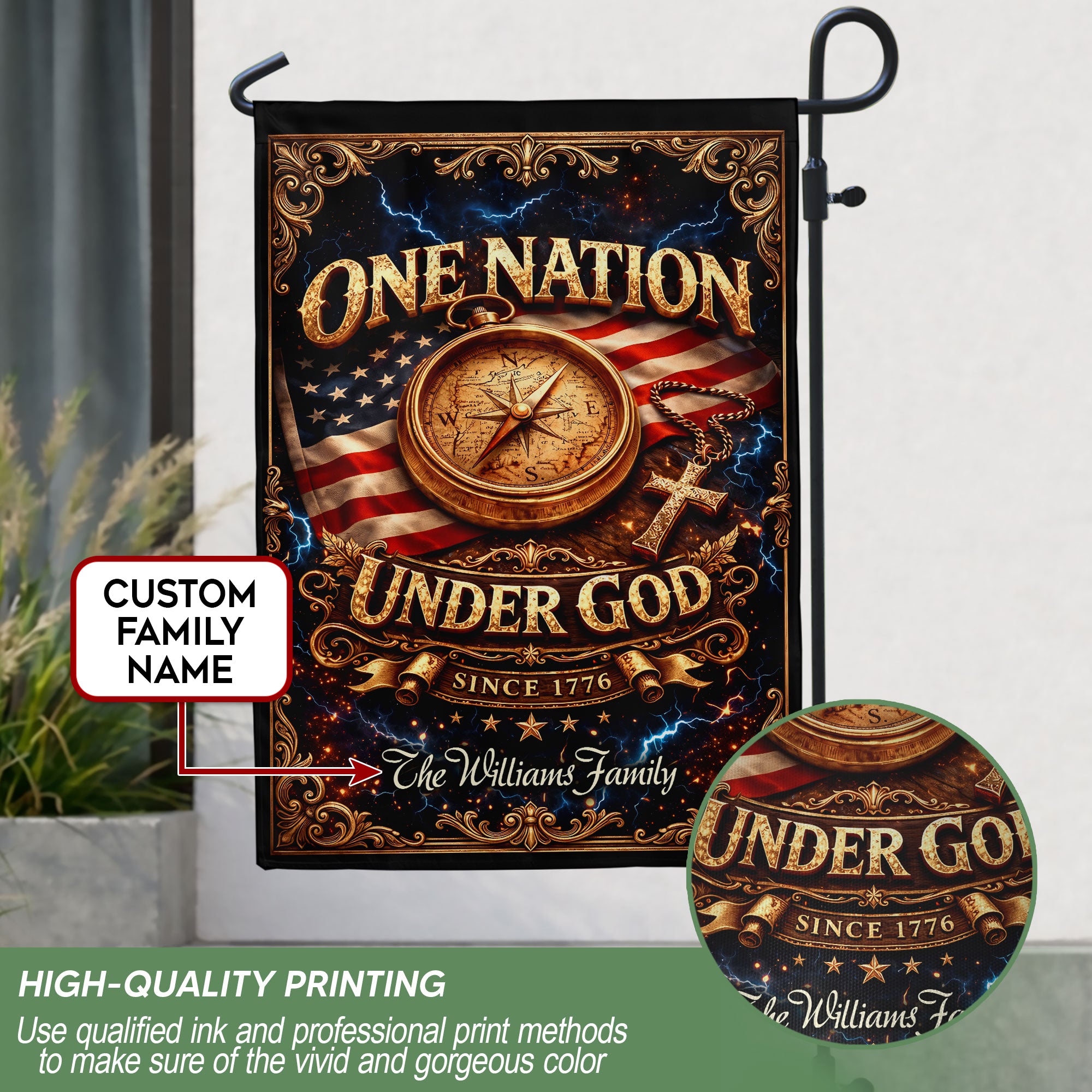 One Nation Under God 250th Anniversary Garden Flag – Custom Family Name with Compass, Cross & USA Flag 1776-2026