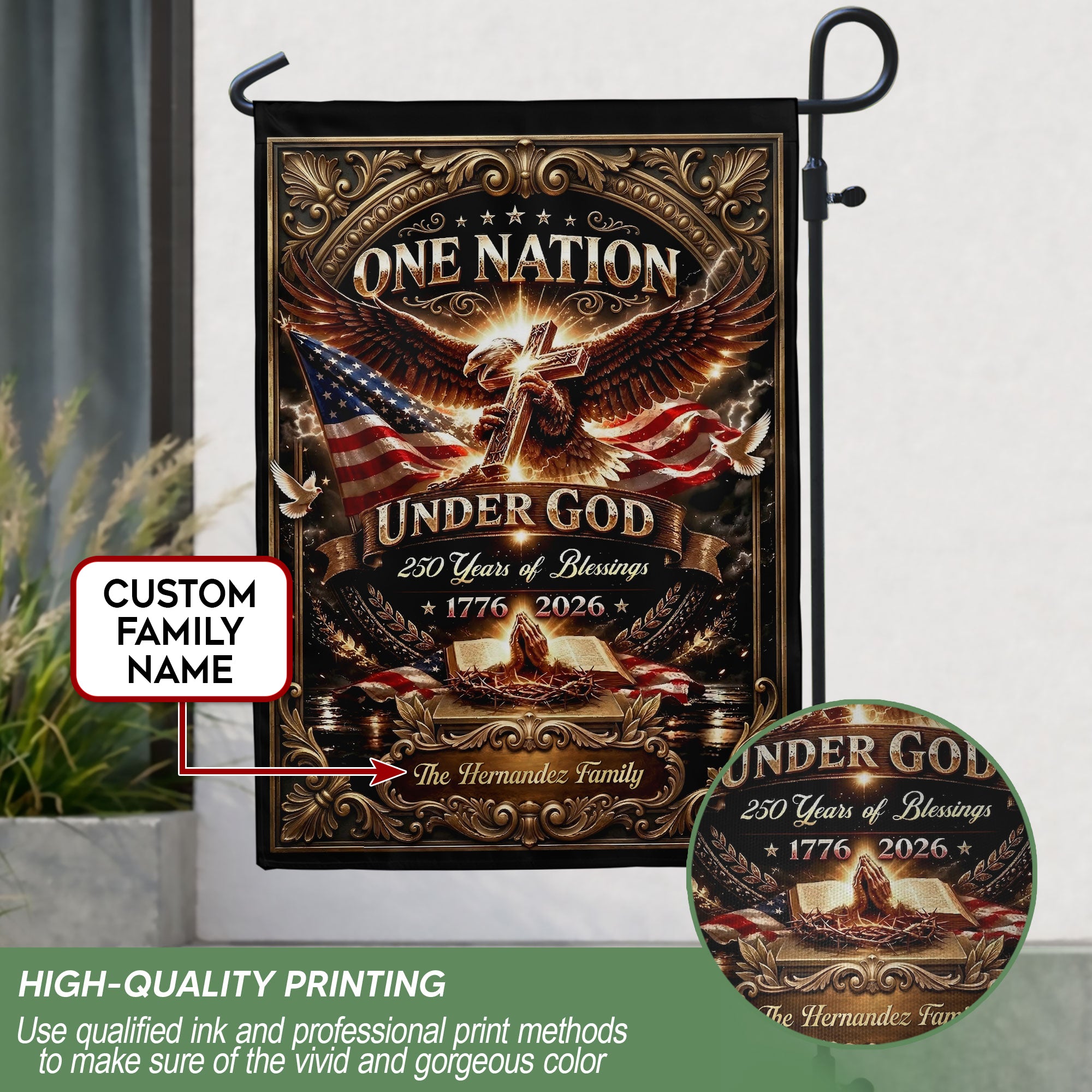 One Nation Under God 250th Anniversary Garden Flag – Custom Family Name with Eagle, Cross & Bible 1776-2026