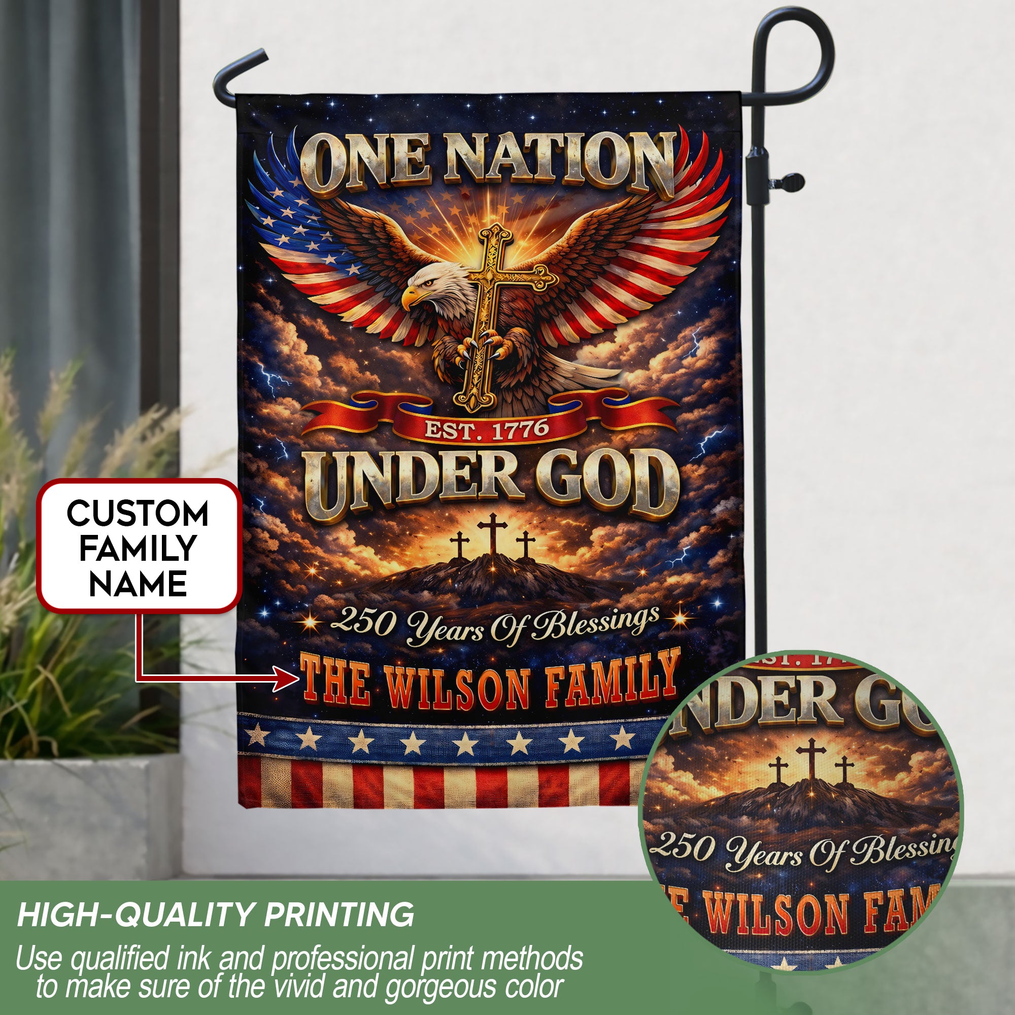 Personalized Patriotic Faith Garden Flag – 250-Year American Celebration with Eagle, Cross & Blessings Theme (1776–2026)