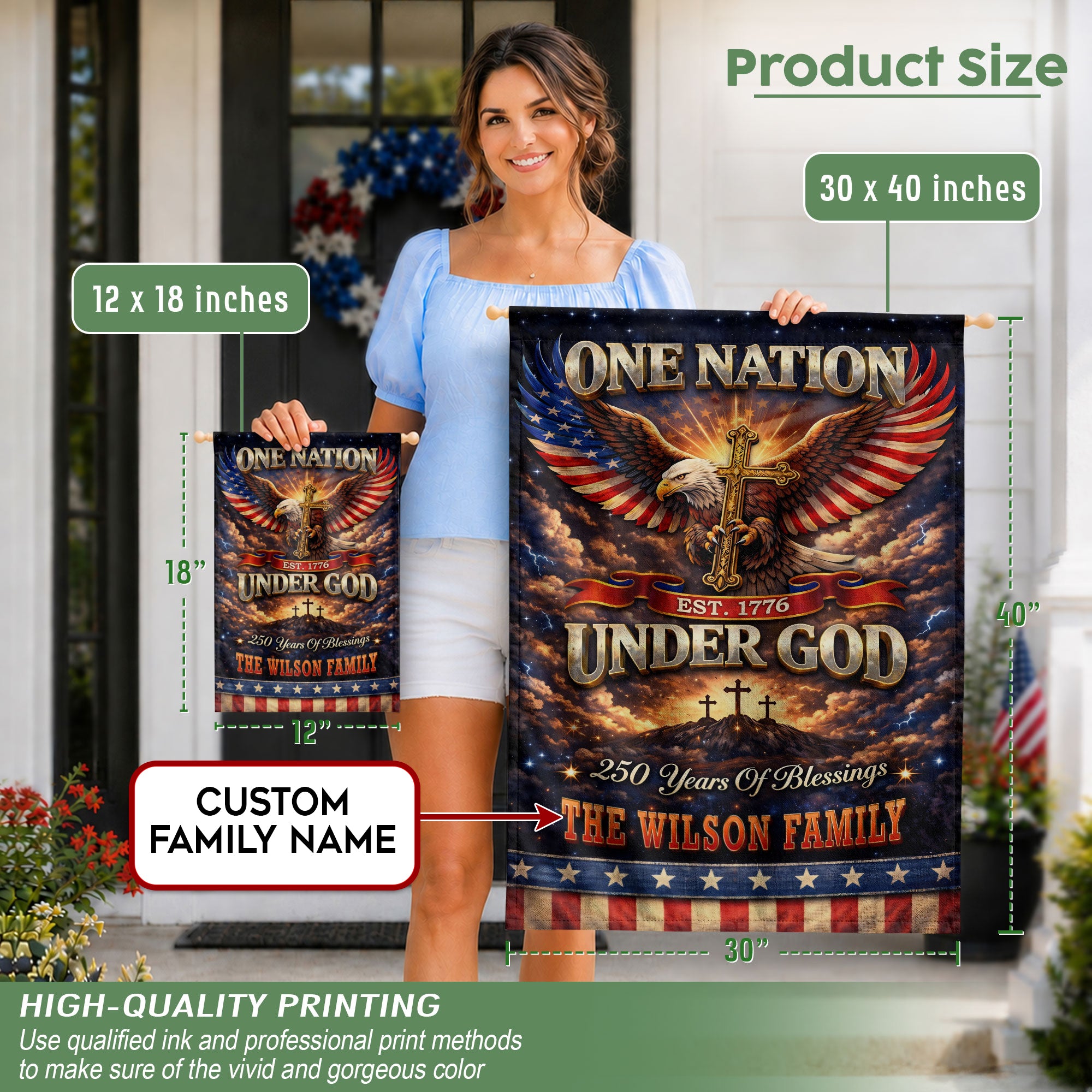 Personalized Patriotic Faith Garden Flag – 250-Year American Celebration with Eagle, Cross & Blessings Theme (1776–2026)