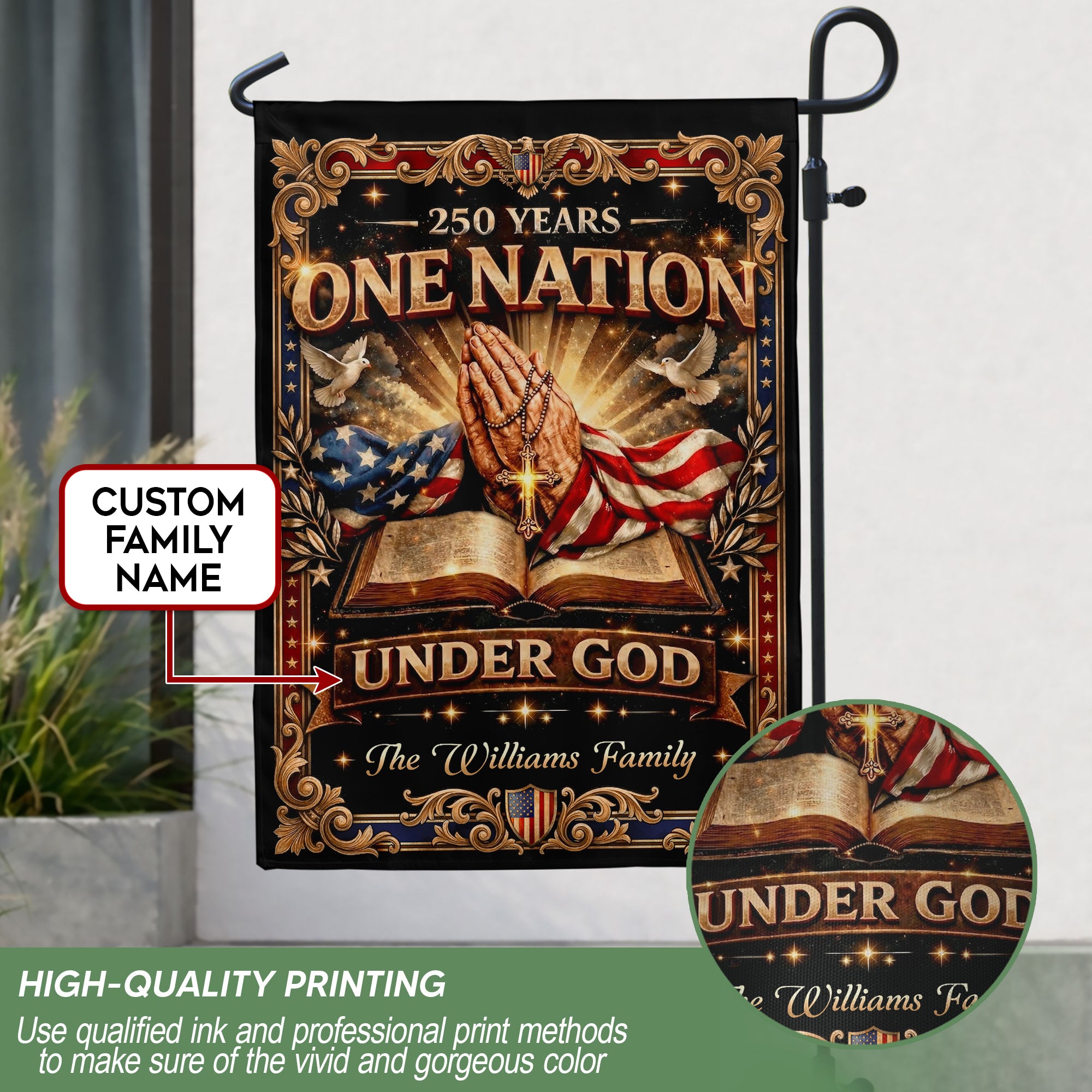 One Nation Under God 250th Anniversary Garden Flag – Custom Family Name with Praying Hands, Bible & Cross 1776-2026