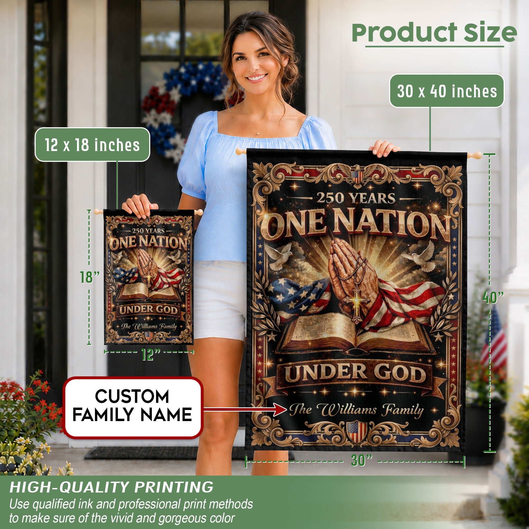 One Nation Under God 250th Anniversary Garden Flag – Custom Family Name with Praying Hands, Bible & Cross 1776-2026