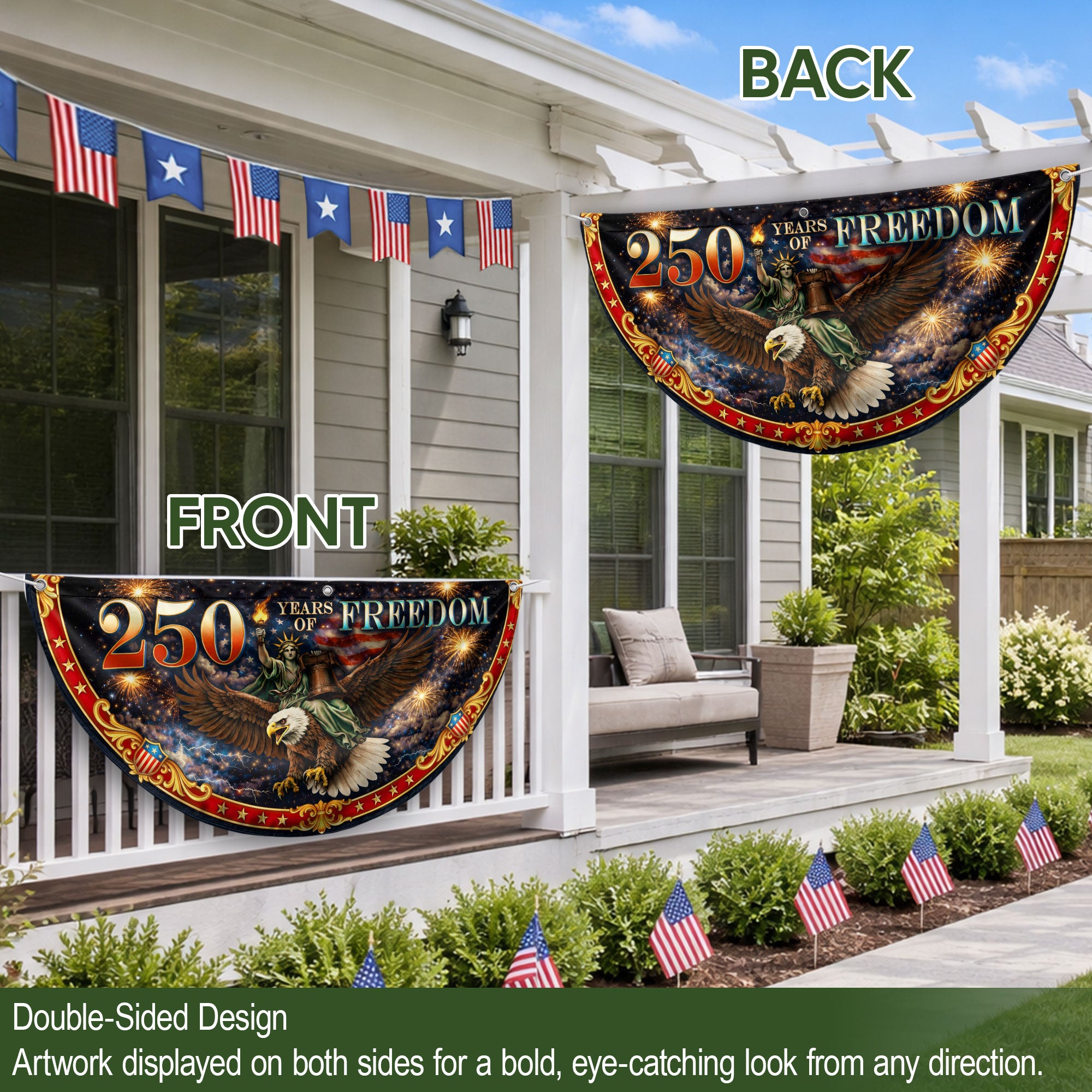 Fence Flag 250 Years of Freedom 1776-2026 Patriotic Eagle Liberty Bell Fireworks Banner