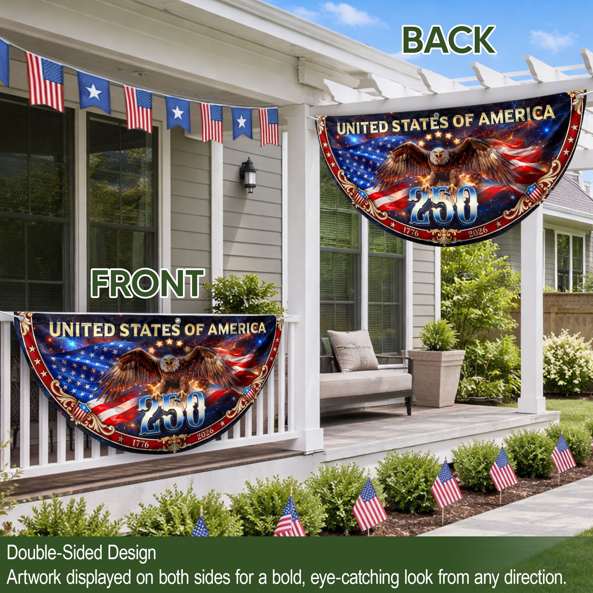 United States 250 Years Fence Flag 1776-2026 Patriotic Eagle Outdoor Banner Decoration