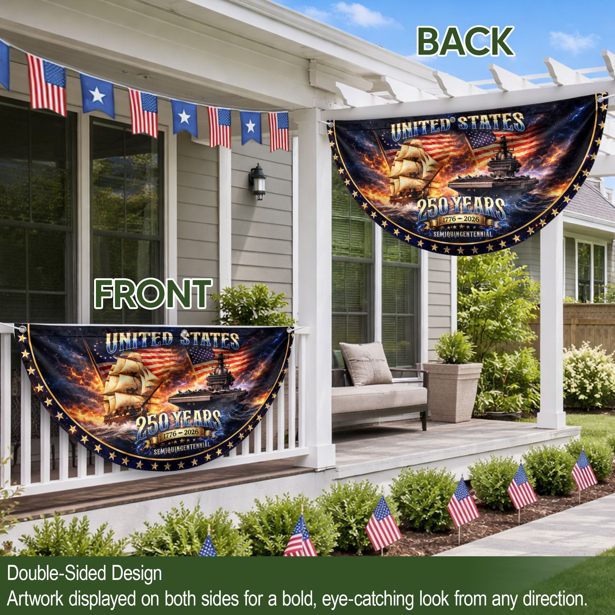 250 Years United States Fence Flag 1776-2026 Patriotic Navy Ship Outdoor Yard Banner