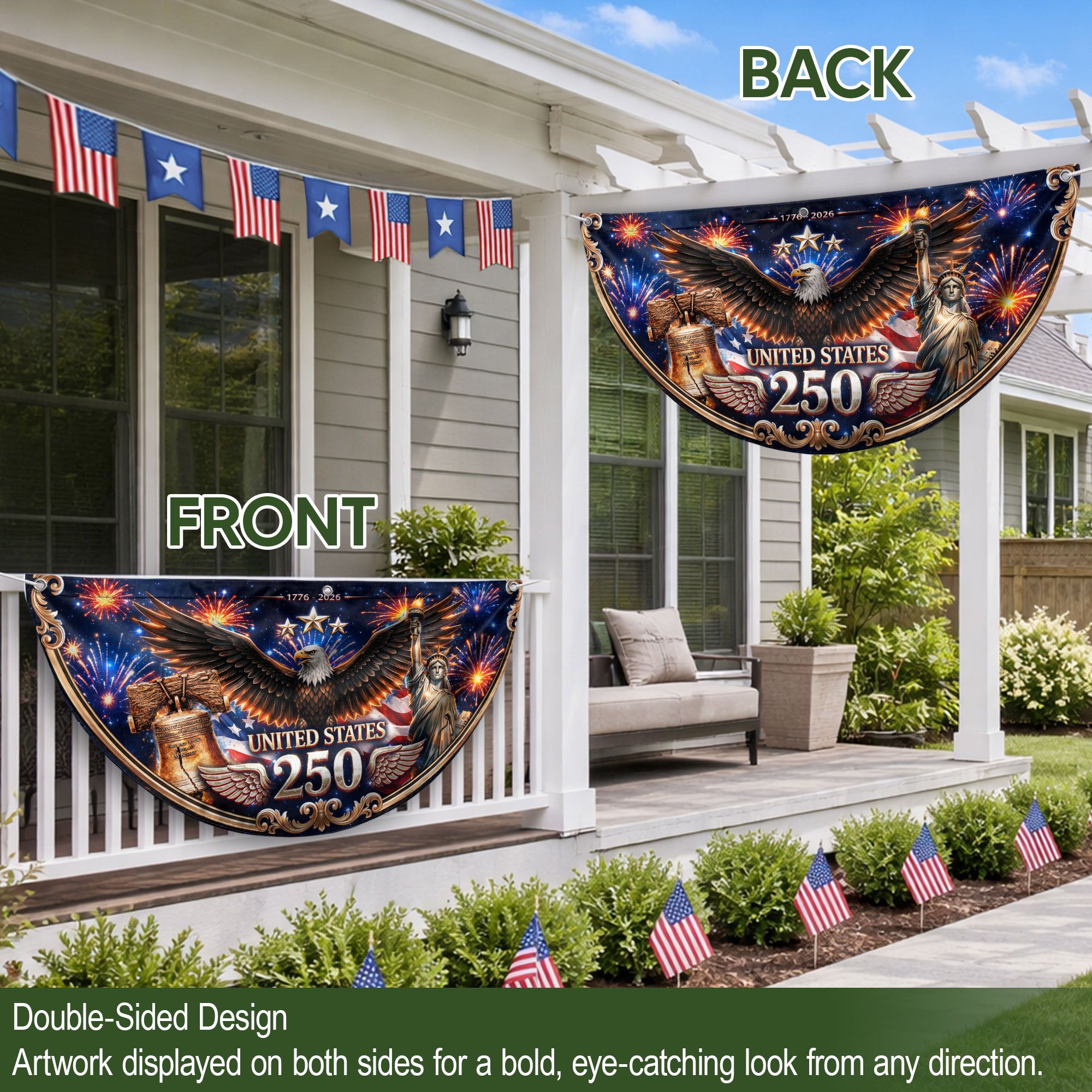 USA 250 Years Fence Flag 1776-2026 Liberty Bell Patriotic Eagle Yard Decoration