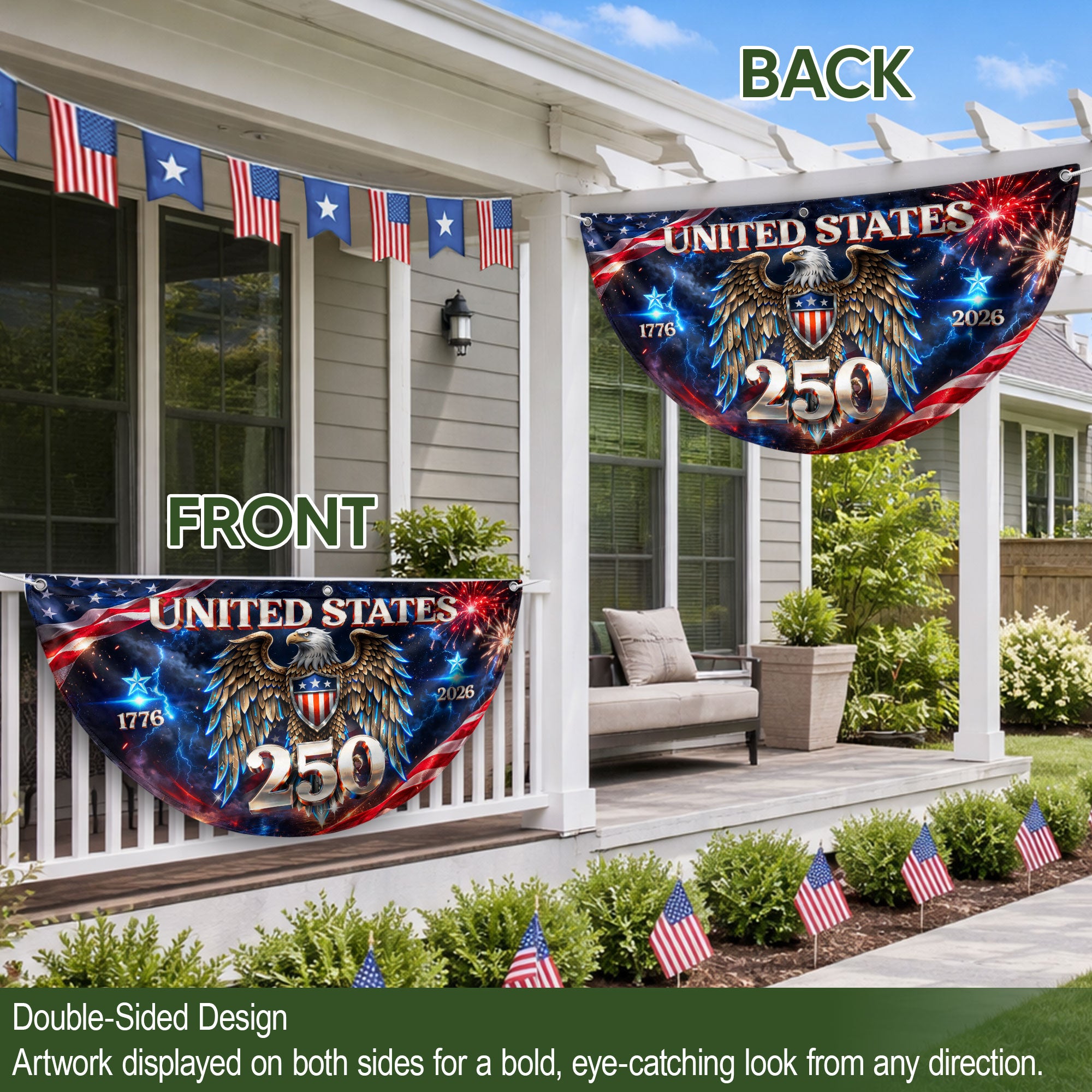 250 Years United States Fence Flag 1776-2026 Patriotic Eagle Outdoor Banner Decoration