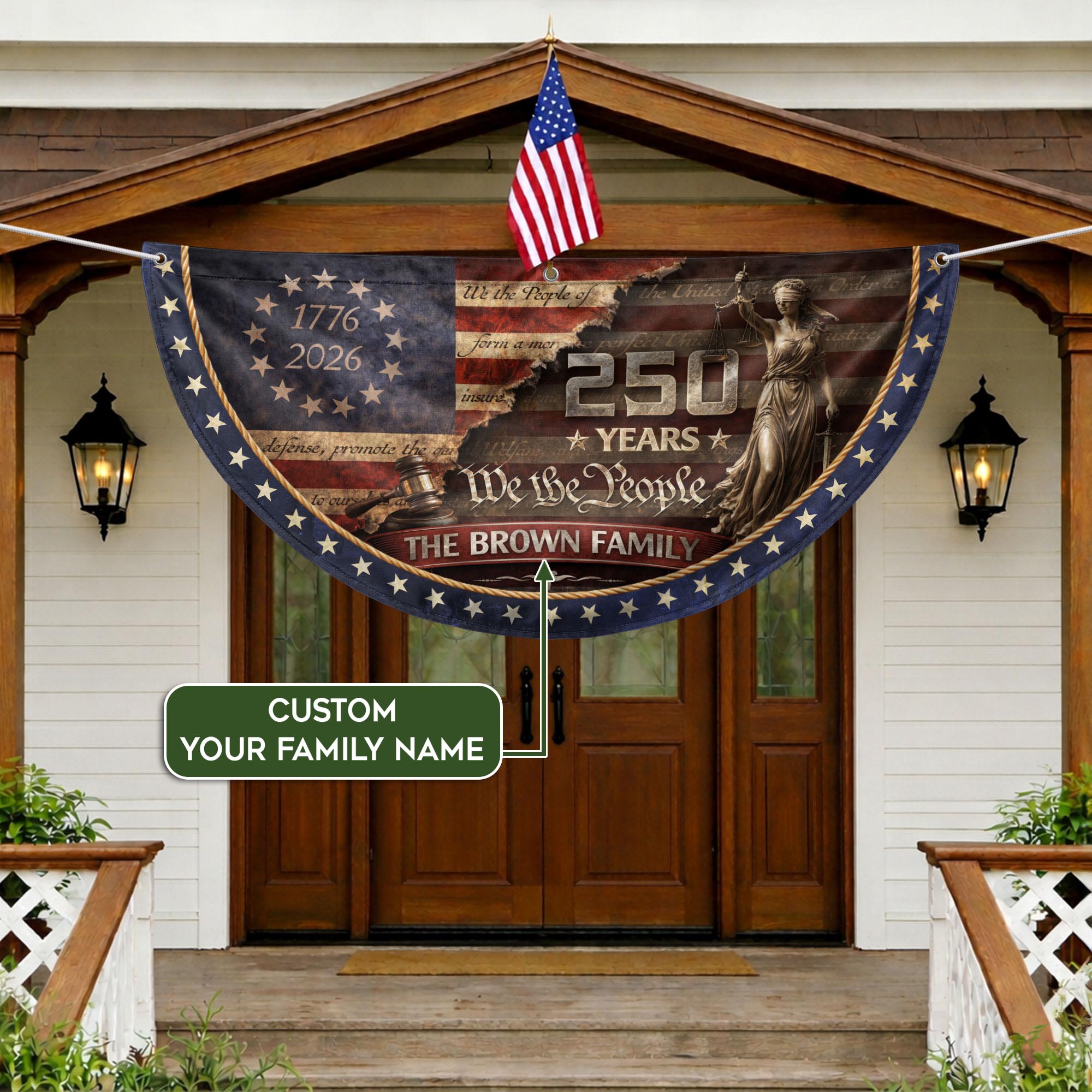 Lady Justice Fence Flag Custom Family Name 250 Years Freedom 1776-2026 Patriotic Decor
