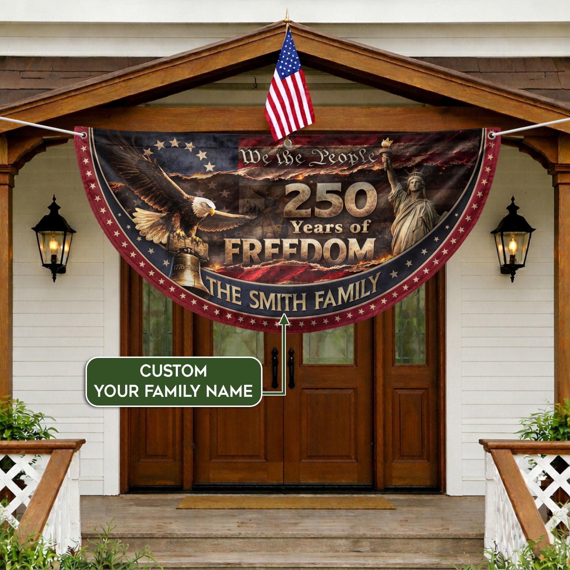 Liberty Bell & Statue of Liberty Fence Flag Custom Name 250 Years Freedom 1776-2026