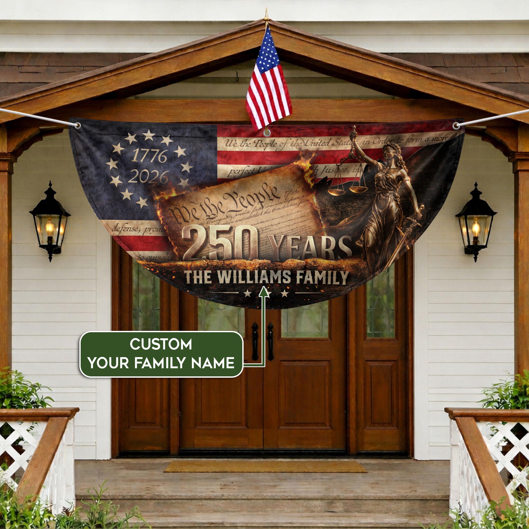 We The People Fence Flag Lady Justice Custom Family Name 250 Years Freedom 1776-2026