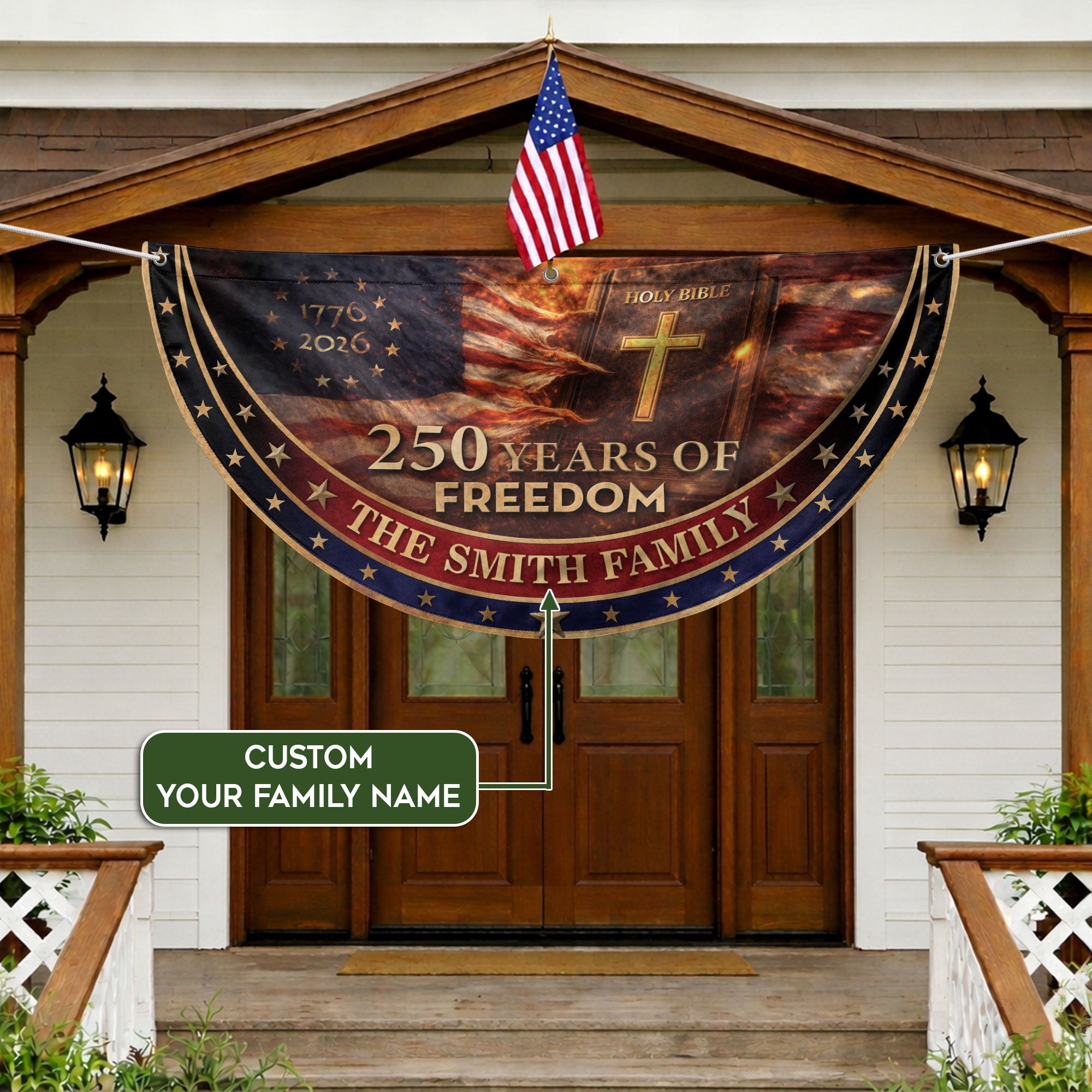 250 Christ Years Freedom Flag Fence Flag Custom Family Name 250 Years Christian Flag American Flag with Cross 250th Anniversary Design
