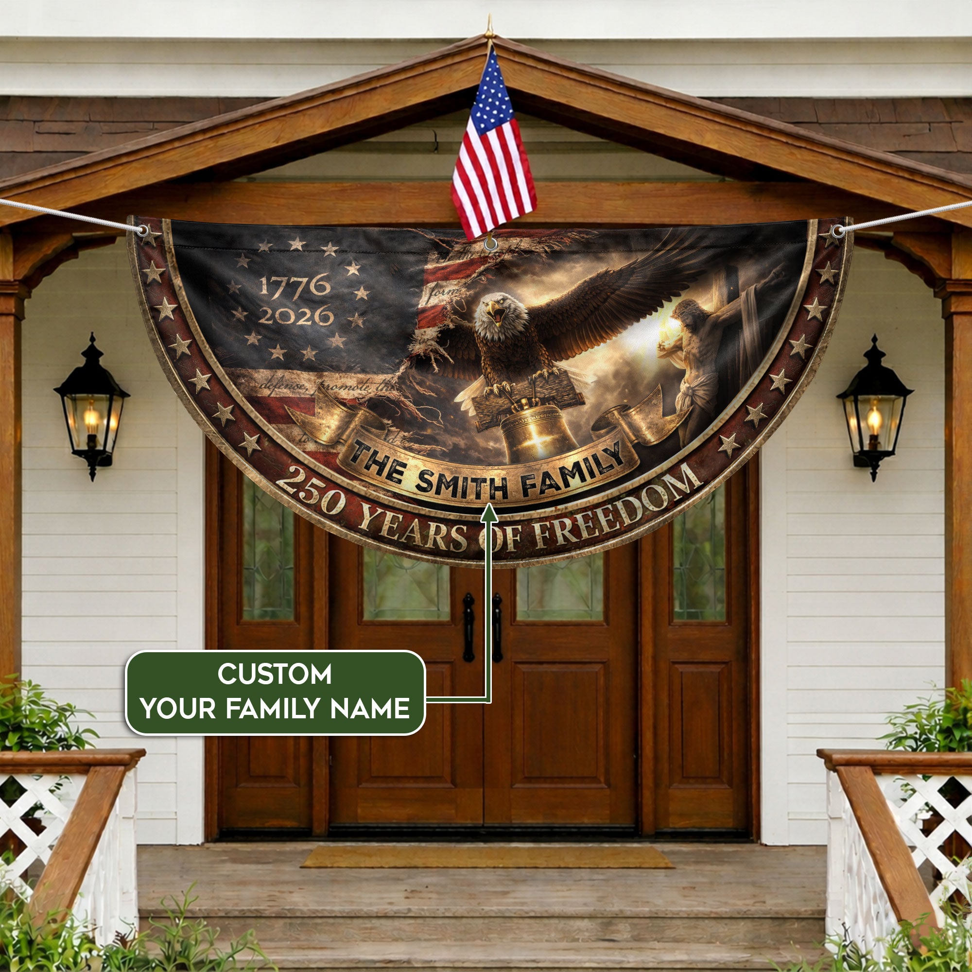 250 Years of Freedom Flag Fence Flag Custom Family Name American Flag with Cross Christian 250th Anniversary Patriotic Banner Gift