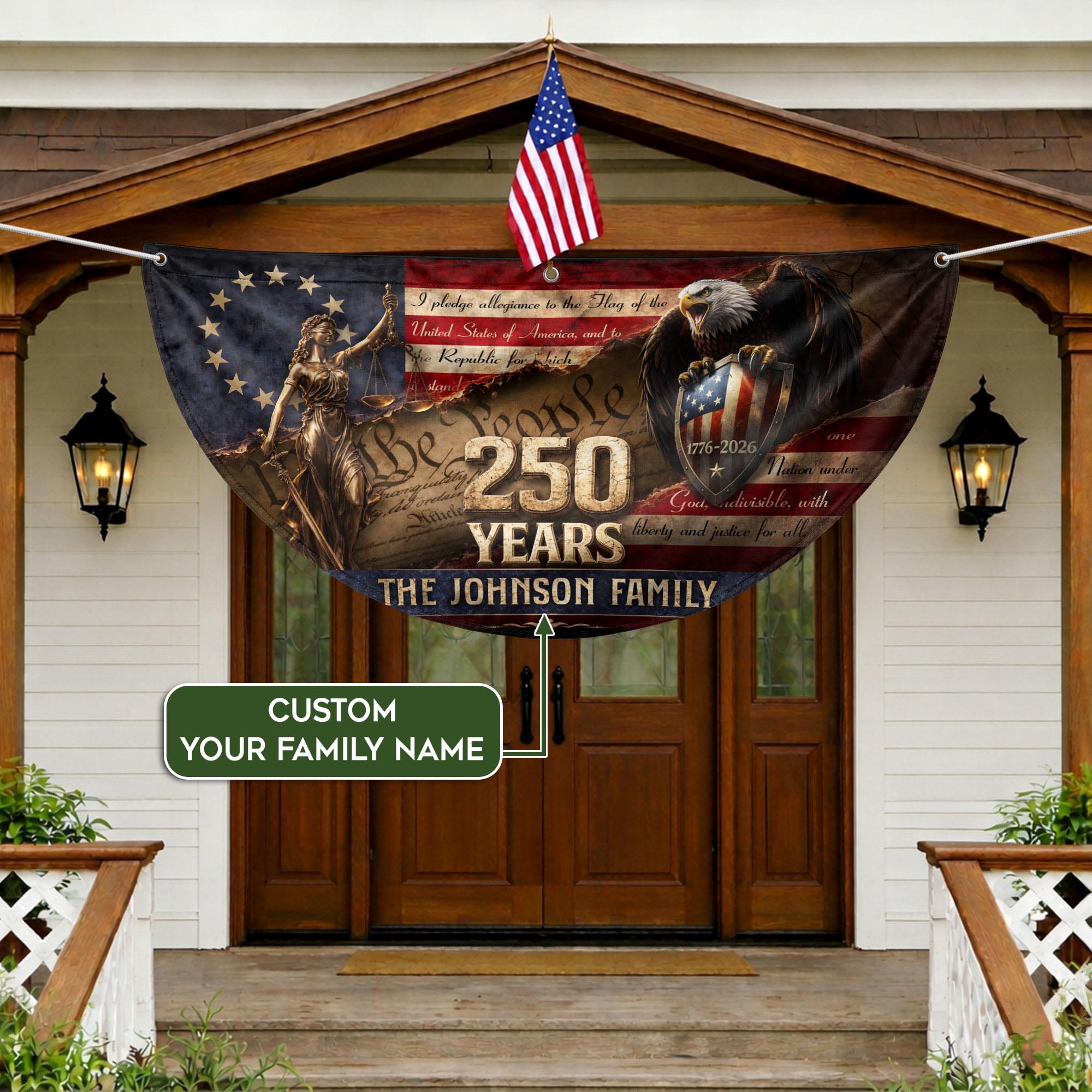 Lady Justice Constitution Fence Flag Custom Family Name 250 Years Freedom 1776-2026 Patriotic Yard Decor
