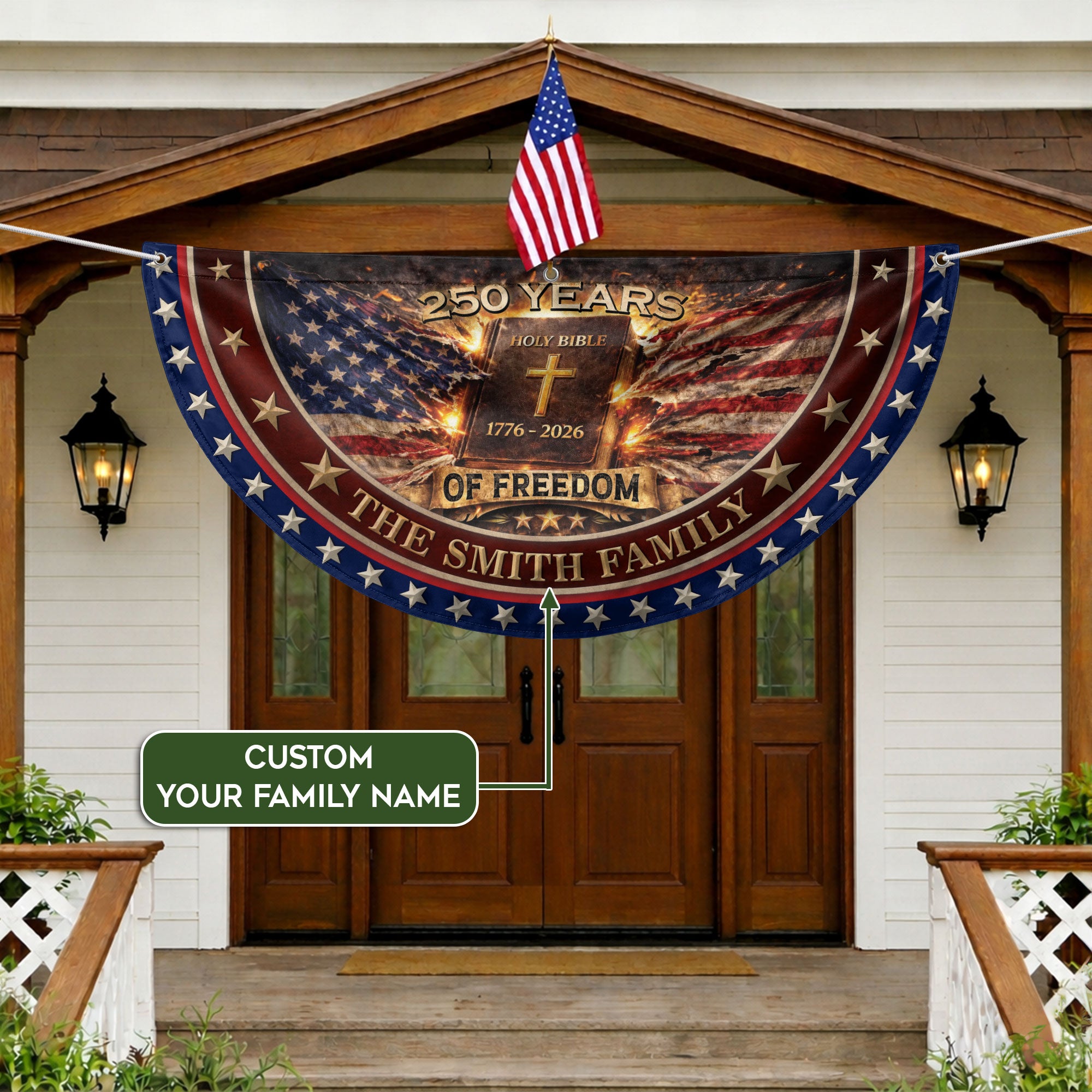 Christian Faith Bible Fence Flag Custom Family Name 250 Years Freedom 1776-2026 Patriotic Decor
