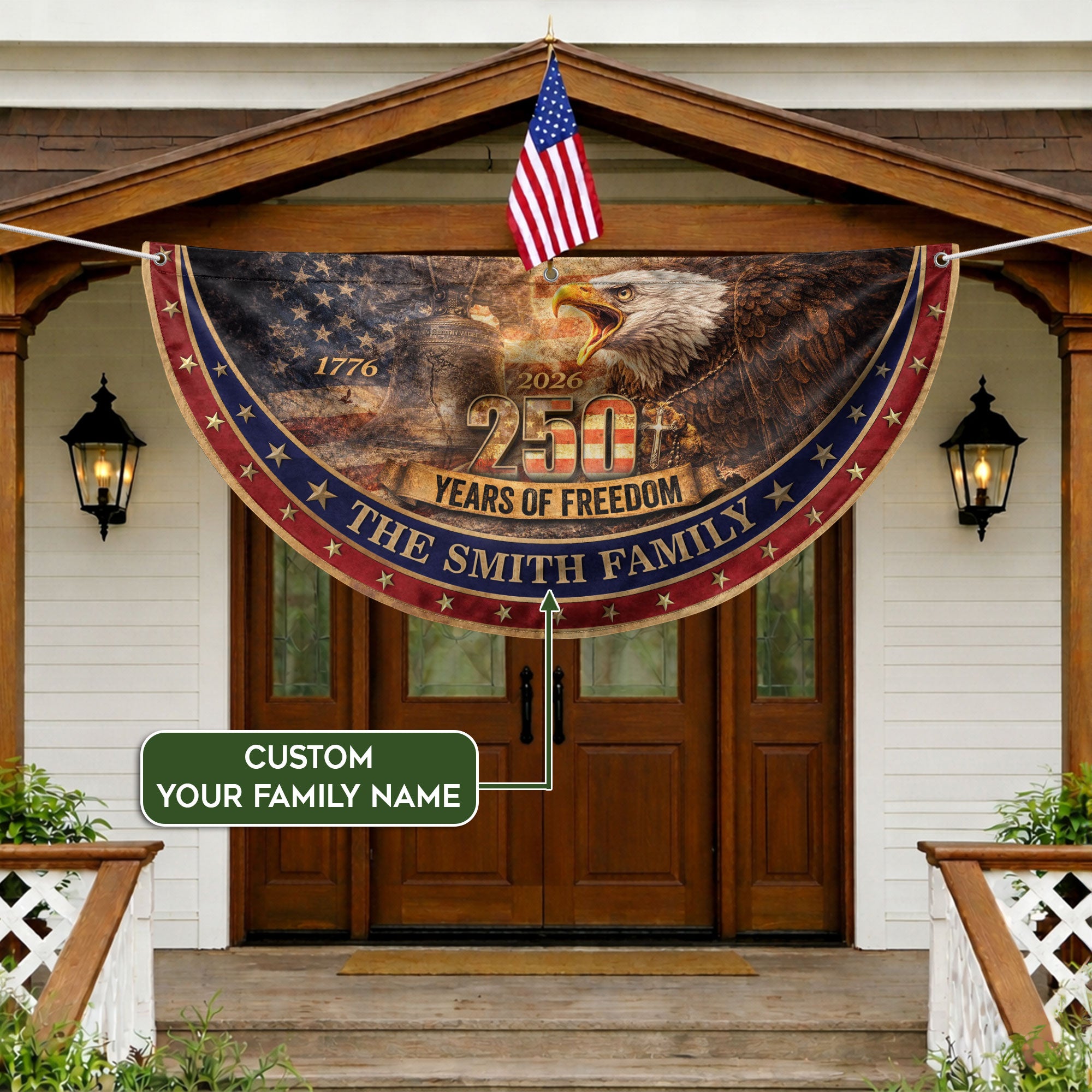 Patriotic Eagle Liberty Bell Fence Flag Custom Family Name 250 Years Freedom 1776-2026 Yard Decor