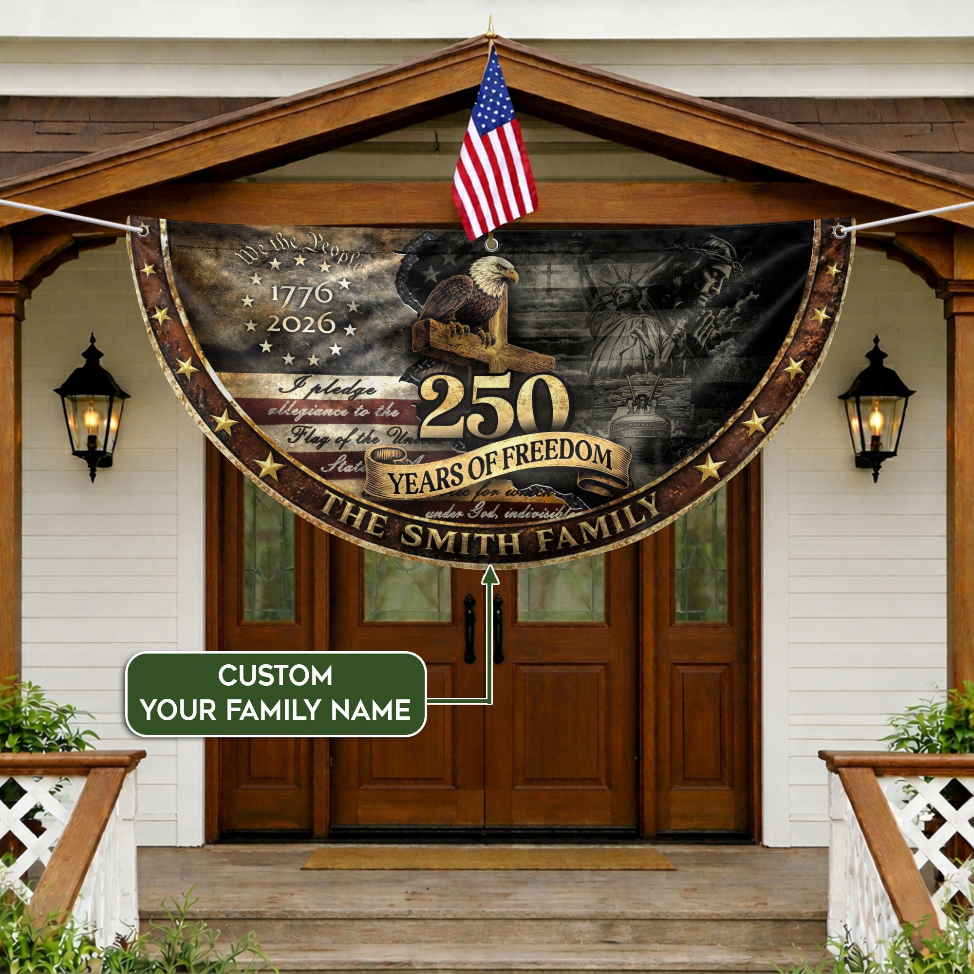 Faith Eagle Cross Fence Flag Custom Family Name 250 Years Freedom 1776-2026 Patriotic Decor