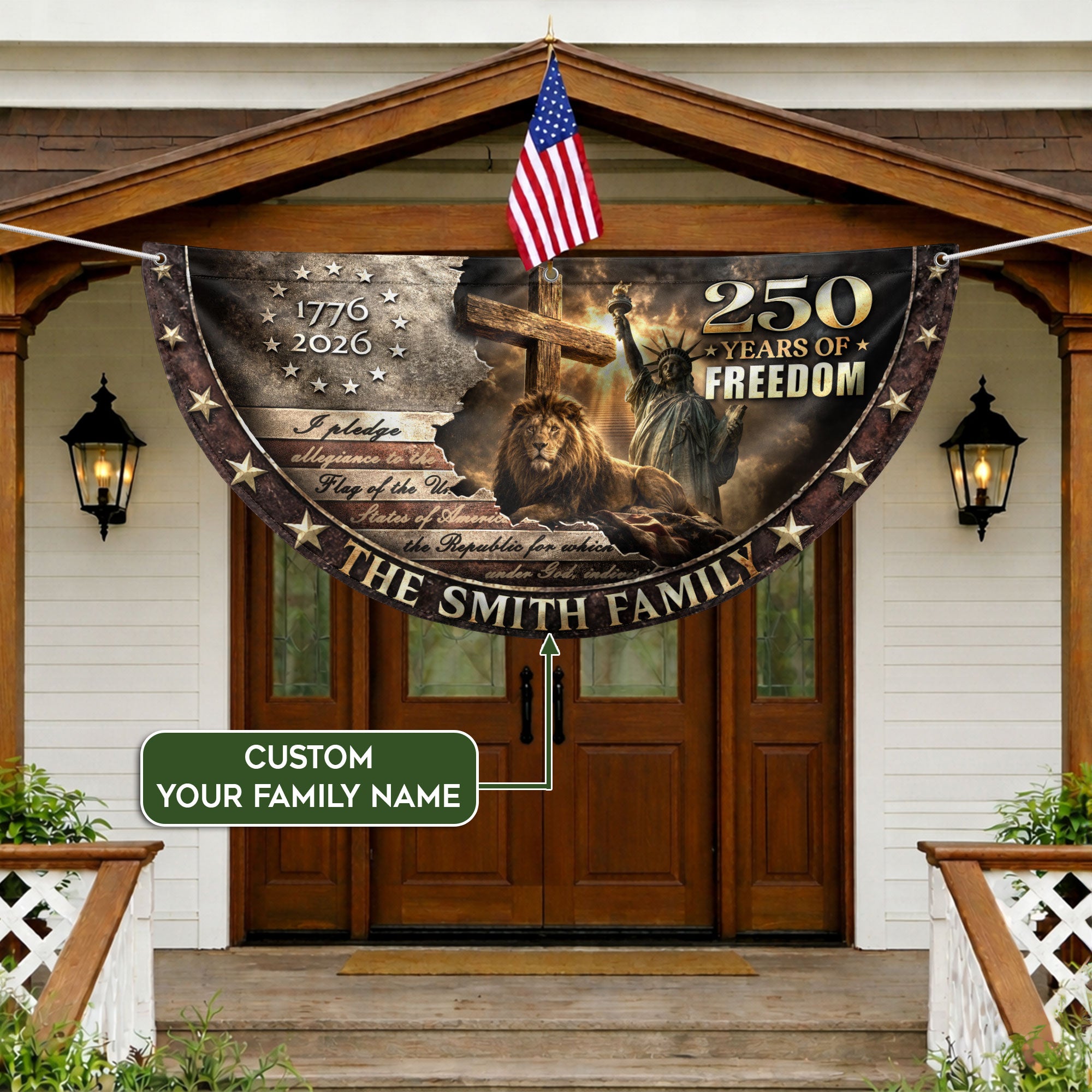 Christian Lion Cross Fence Flag Custom Family Name 250 Years Freedom 1776-2026 Patriotic Decor